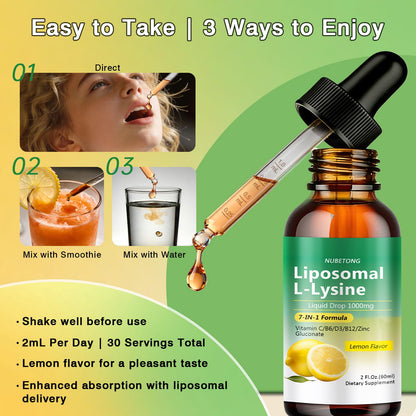 Liposomal L-Lysine 1000mg Liquid Drops, 7-in-1 Lysine Supplement for Adults with Vitamin C/B6/D3/B12 & Zinc Gluconate, Immune Support, Collagen Synthesis & Skin Lip Health, Lemon Flavor, 2 Fl Oz - dailyvitalstore