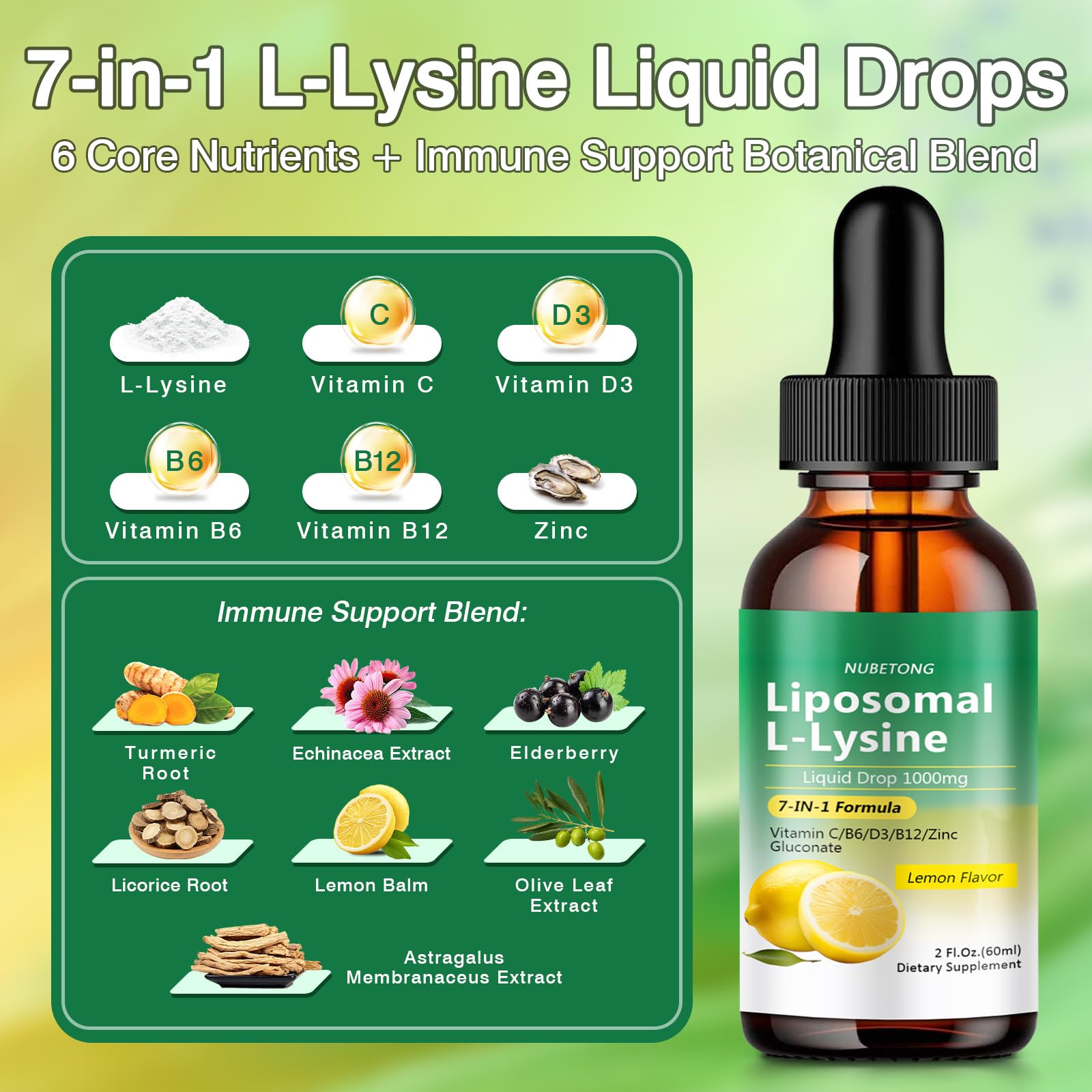 Liposomal L-Lysine 1000mg Liquid Drops, 7-in-1 Lysine Supplement for Adults with Vitamin C/B6/D3/B12 & Zinc Gluconate, Immune Support, Collagen Synthesis & Skin Lip Health, Lemon Flavor, 2 Fl Oz - dailyvitalstore