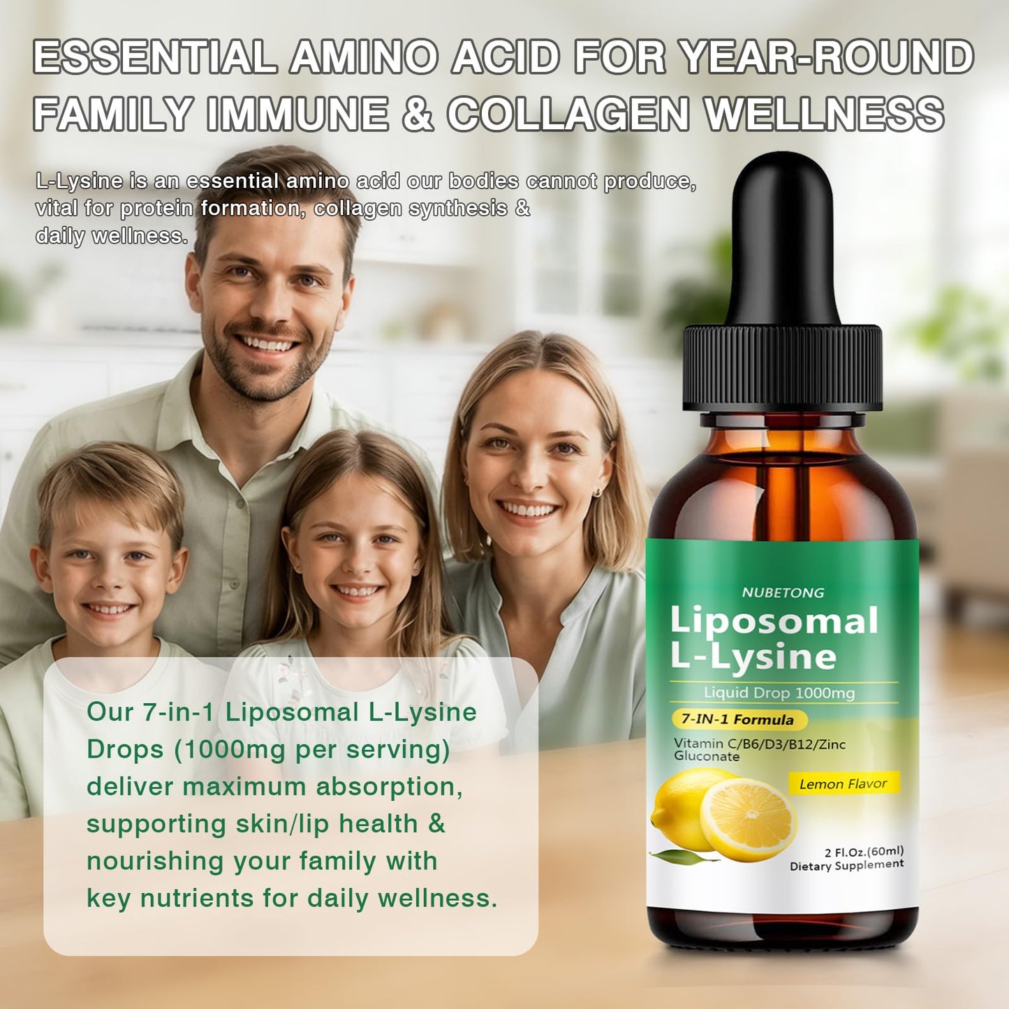 Liposomal L-Lysine 1000mg Liquid Drops, 7-in-1 Lysine Supplement for Adults with Vitamin C/B6/D3/B12 & Zinc Gluconate, Immune Support, Collagen Synthesis & Skin Lip Health, Lemon Flavor, 2 Fl Oz - dailyvitalstore