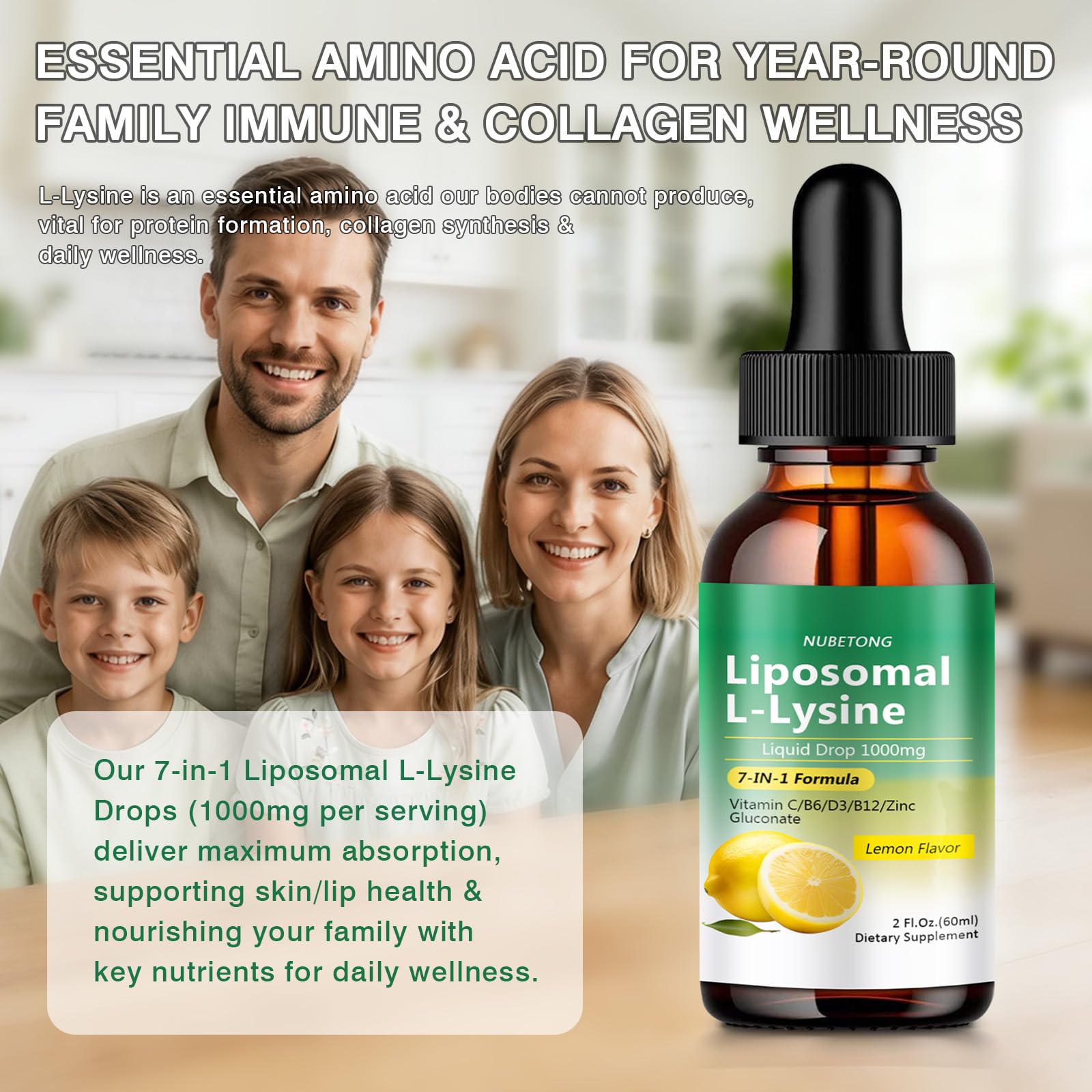 Liposomal L-Lysine 1000mg Liquid Drops, 7-in-1 Lysine Supplement for Adults with Vitamin C/B6/D3/B12 & Zinc Gluconate, Immune Support, Collagen Synthesis & Skin Lip Health, Lemon Flavor, 2 Fl Oz - dailyvitalstore