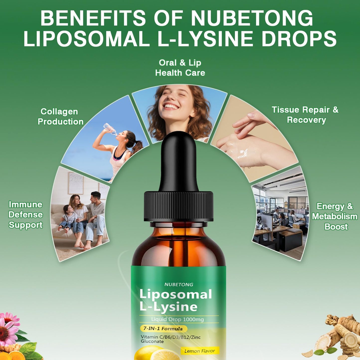 Liposomal L-Lysine 1000mg Liquid Drops, 7-in-1 Lysine Supplement for Adults with Vitamin C/B6/D3/B12 & Zinc Gluconate, Immune Support, Collagen Synthesis & Skin Lip Health, Lemon Flavor, 2 Fl Oz - dailyvitalstore