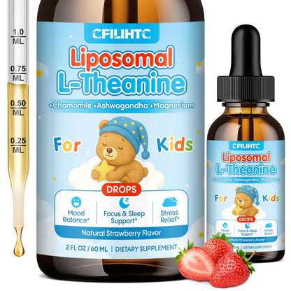 Liposomal L-Theanine Drops for Kids & Adults – Liquid L-Theanine Supplement with Magnesium Glycinate, Ashwagandha, Chamomile, Vitamin B6 & D3 – Supports Calm, Focus & Restful Sleep – Strawberry Flavor - dailyvitalstore
