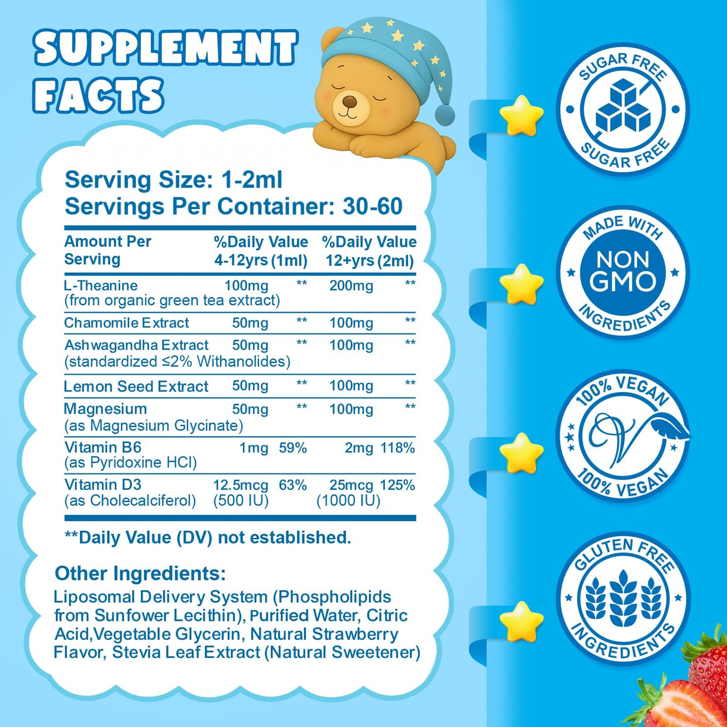 Liposomal L-Theanine Drops for Kids & Adults – Liquid L-Theanine Supplement with Magnesium Glycinate, Ashwagandha, Chamomile, Vitamin B6 & D3 – Supports Calm, Focus & Restful Sleep – Strawberry Flavor - dailyvitalstore