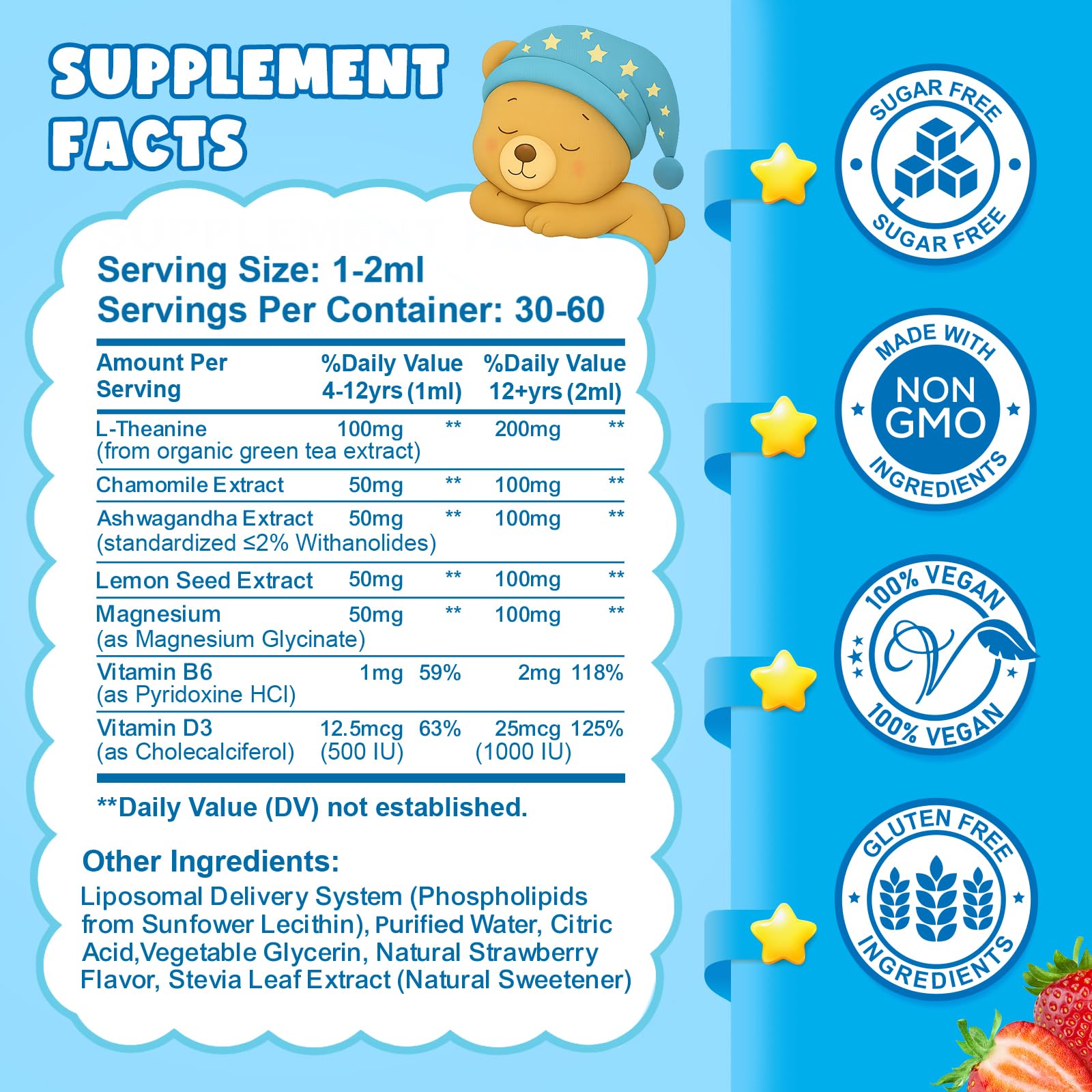 Liposomal L-Theanine Drops for Kids & Adults – Liquid L-Theanine Supplement with Magnesium Glycinate, Ashwagandha, Chamomile, Vitamin B6 & D3 – Supports Calm, Focus & Restful Sleep – Strawberry Flavor - dailyvitalstore