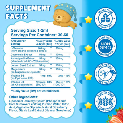 Liposomal L-Theanine Drops for Kids & Adults – Liquid L-Theanine Supplement with Magnesium Glycinate, Ashwagandha, Chamomile, Vitamin B6 & D3 – Supports Calm, Focus & Restful Sleep – Strawberry Flavor - dailyvitalstore