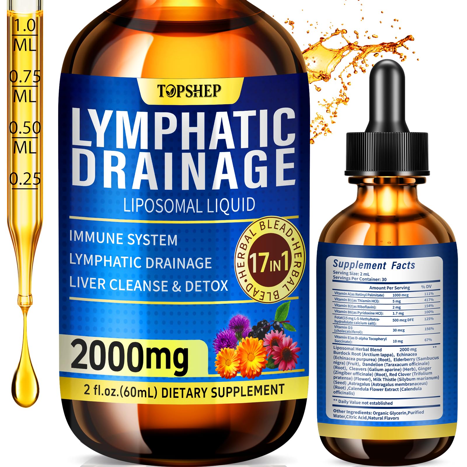 Liposomal Lymphatic Drainage Drops 2000mg - 17-in-1 Lymphatic Support & Liver Cleanse Detox with Milk Thistle, Dandelion, Elderberry, Echinacea & Full Vitamin Complex - Lymph System Support, 2 fl oz - dailyvitalstore