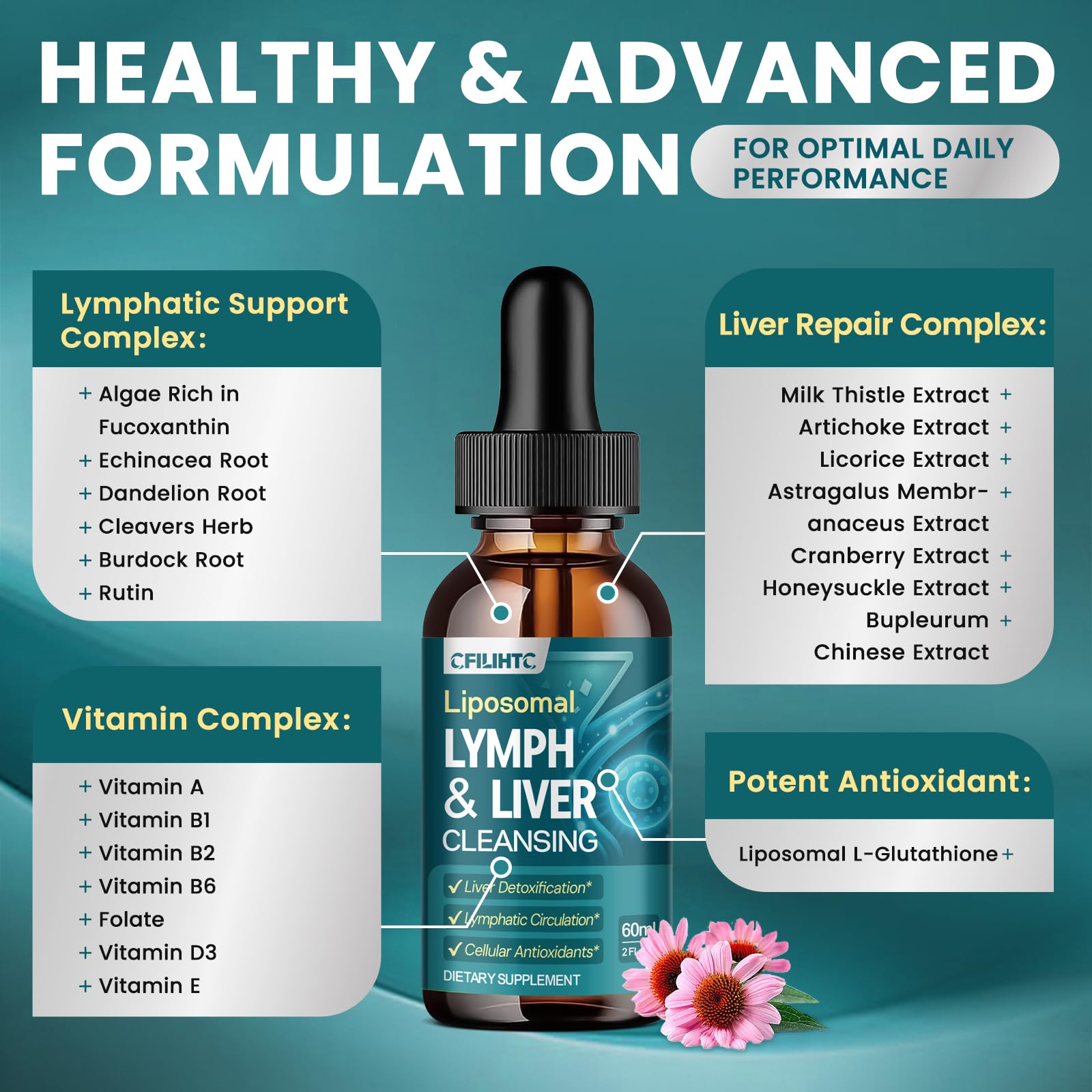 Liposomal Lymphatic Drainage Drops - 21 in 1 Liver Cleanse Detox & Repair with Milk Thistle, Echinacea, Burdock Root, Liposomal Glutathione, Vitamin Complex ''Lymph-Liver'' Gut & Metabolic Health - dailyvitalstore