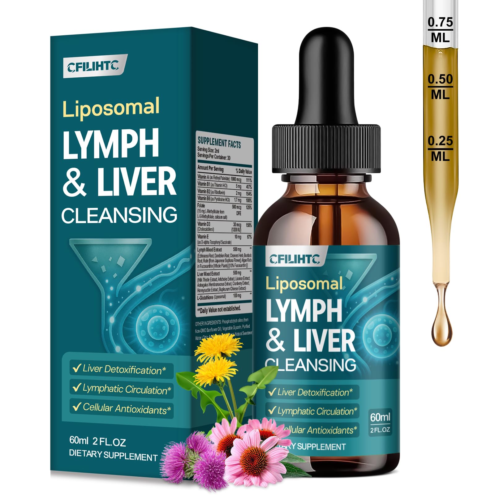 Liposomal Lymphatic Drainage Drops - 21 in 1 Liver Cleanse Detox & Repair with Milk Thistle, Echinacea, Burdock Root, Liposomal Glutathione, Vitamin Complex ''Lymph-Liver'' Gut & Metabolic Health - dailyvitalstore