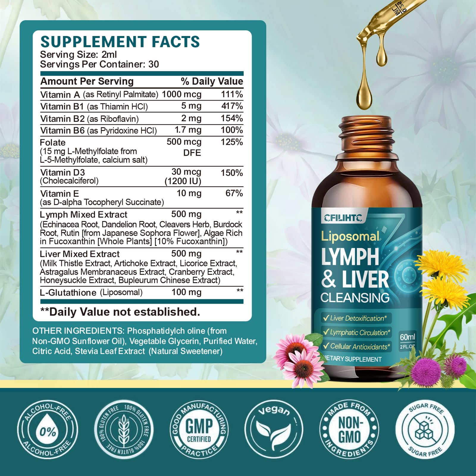 Liposomal Lymphatic Drainage Drops - 21 in 1 Liver Cleanse Detox & Repair with Milk Thistle, Echinacea, Burdock Root, Liposomal Glutathione, Vitamin Complex ''Lymph-Liver'' Gut & Metabolic Health - dailyvitalstore