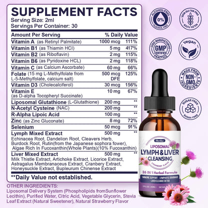 Liposomal Lymphatic Drainage Drops, 26 in 1 Liver Cleanse Detox & Repair with Milk Thistle, Echinacea, Glutathione, Vitamins, Lymph-Liver Cleanse, - dailyvitalstore