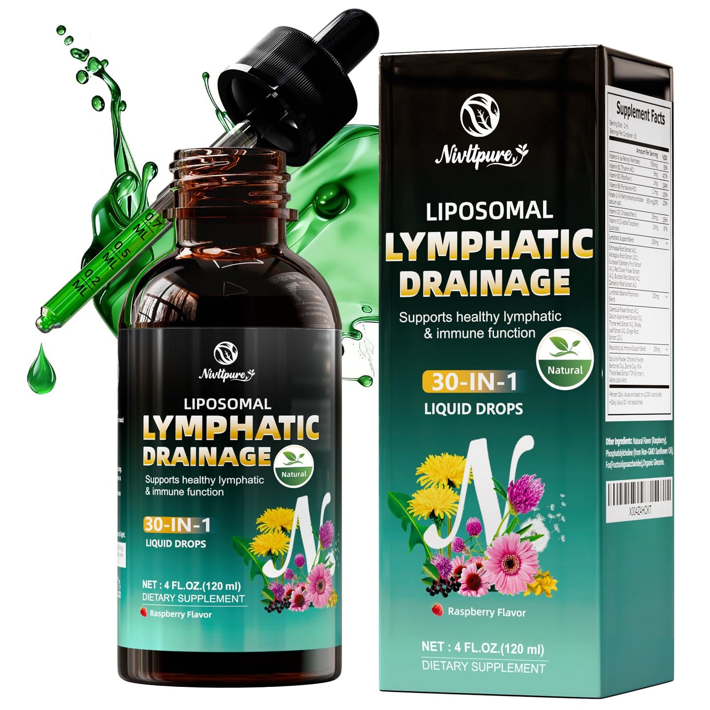 Liposomal Lymphatic Drainage Drops, 4 fl oz – 30-in-1 Lymphatic Drainage Supplements with 23 Herbs & 7 Vitamins – Supports Lymphatic System, Immune & Liver Health – Detox Support – 60-Day Supply - dailyvitalstore