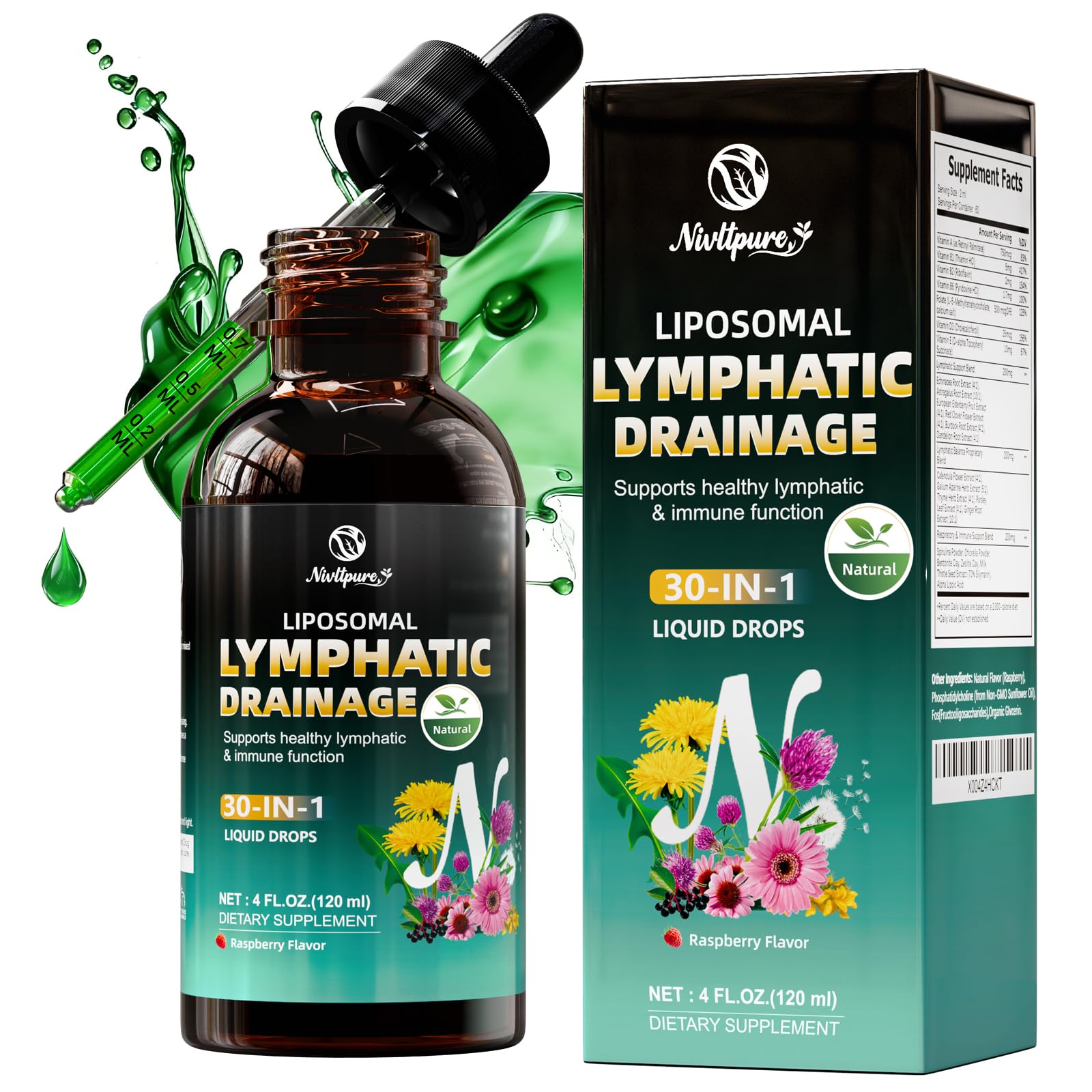 Liposomal Lymphatic Drainage Drops, 4 fl oz – 30-in-1 Lymphatic Drainage Supplements with 23 Herbs & 7 Vitamins – Supports Lymphatic System, Immune & Liver Health – Detox Support – 60-Day Supply - dailyvitalstore