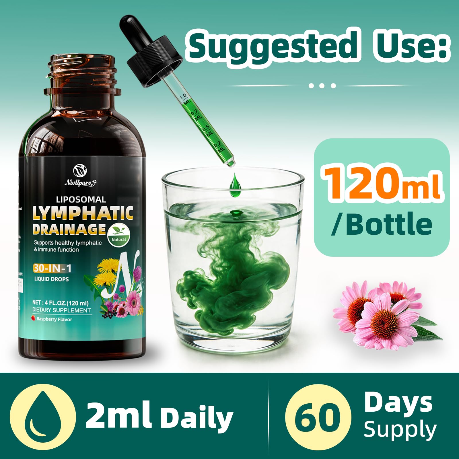 Liposomal Lymphatic Drainage Drops, 4 fl oz – 30-in-1 Lymphatic Drainage Supplements with 23 Herbs & 7 Vitamins – Supports Lymphatic System, Immune & Liver Health – Detox Support – 60-Day Supply - dailyvitalstore