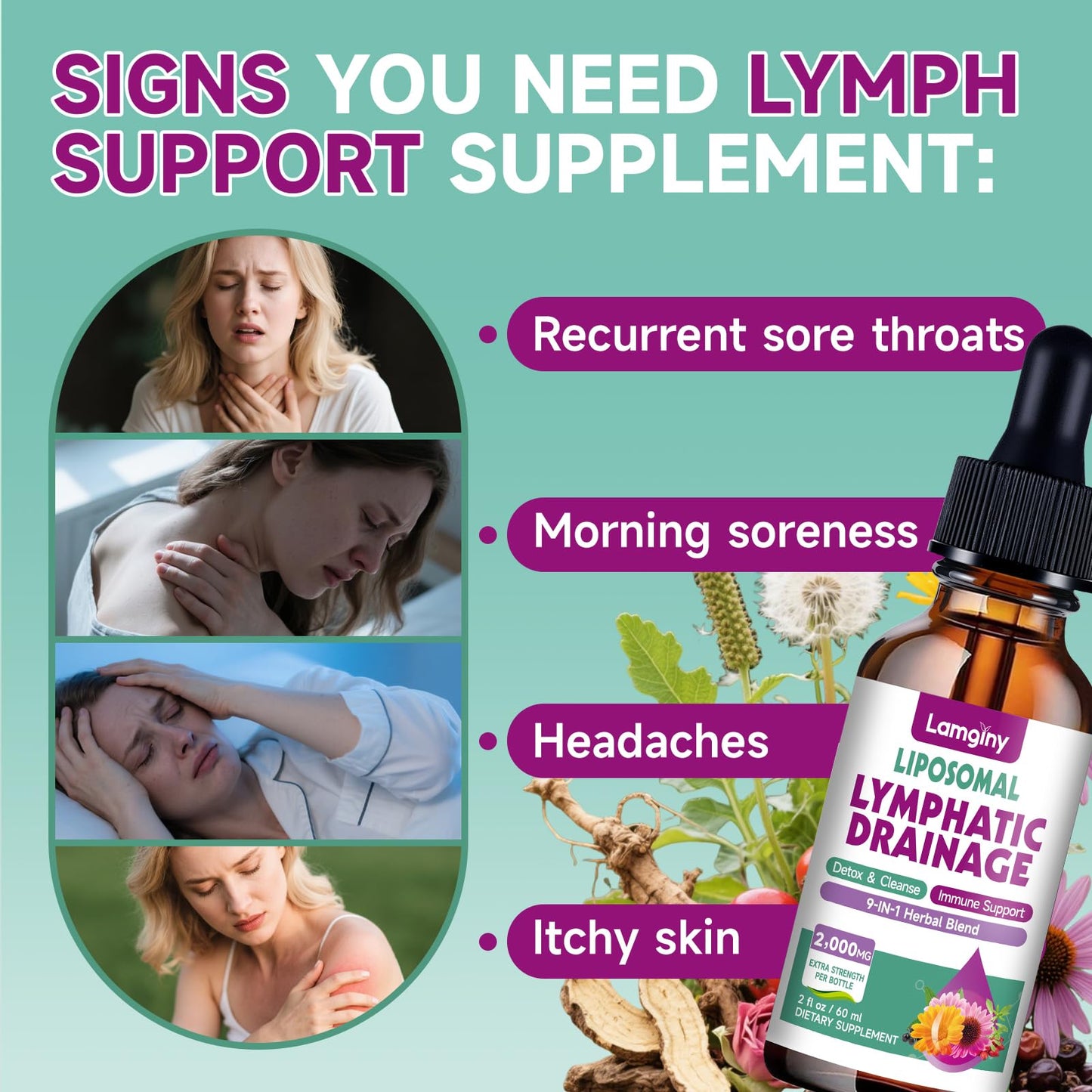 Liposomal Lymphatic Drainage Drops, 9-In-1 Lymphatic Drainage Supplements for Detox & Cleanse, with Echinacea, Dandelion, Elderberry, Burdock Root & Cleavers, Immune & Lymph System Support, 2 FL OZ - dailyvitalstore