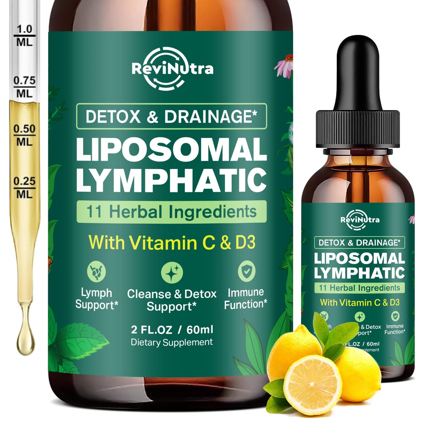 Liposomal Lymphatic Drainage Liquid Drops - Lymphatic Support Supplement with Dandelion Root, Cleavers, Echinacea, Calendula for Immune, Detox Cleanse, Lymph System Support, Lemon Flavor, 2 Fl Oz - dailyvitalstore