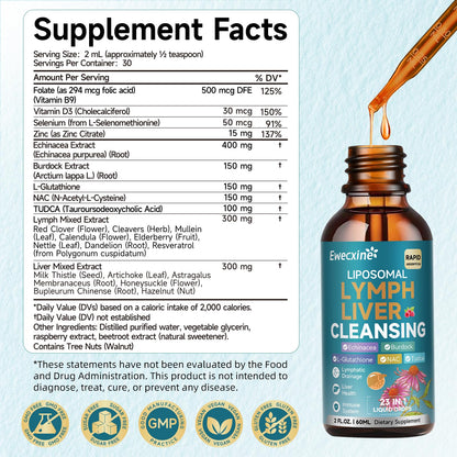 Liposomal Lymphatic Drainage & Liver Cleanse Drops, 23-in-1 with Echinacea, NAC, TUDCA, L-Glutathione, Burdock for Lymph, Liver Detox & Repair, Immune Support, Raspberry Flavor, 2 fl oz Supplement - dailyvitalstore
