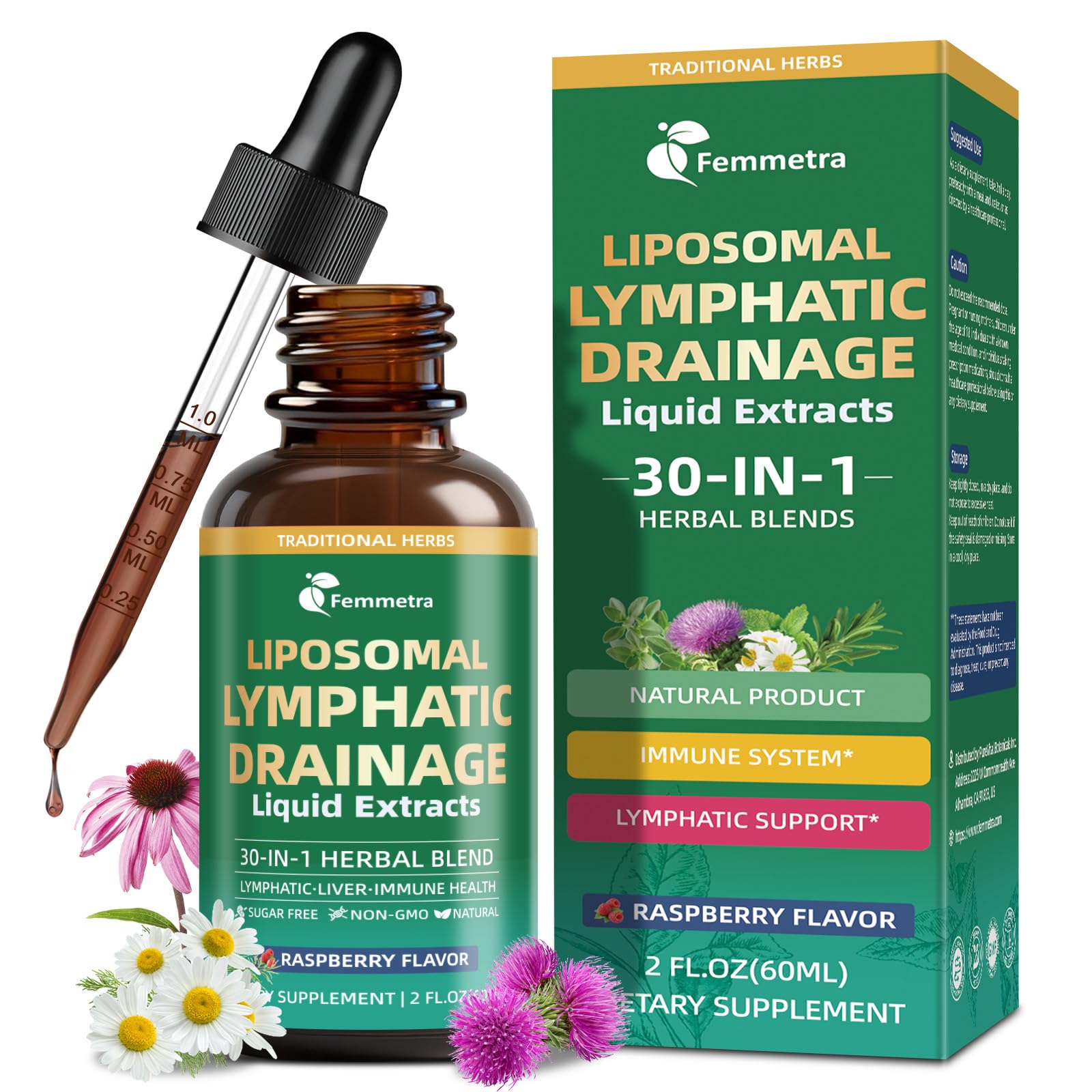 Liposomal Lymphatic Drainage Supplements with 30-in-1 Herbal Blend - Echinacea | Oregano | Milk Thistle - Sugar Free Lymph System Drops - Immune Support, Cleanse & Detox, Raspberry Flavor, 2 fl oz - dailyvitalstore
