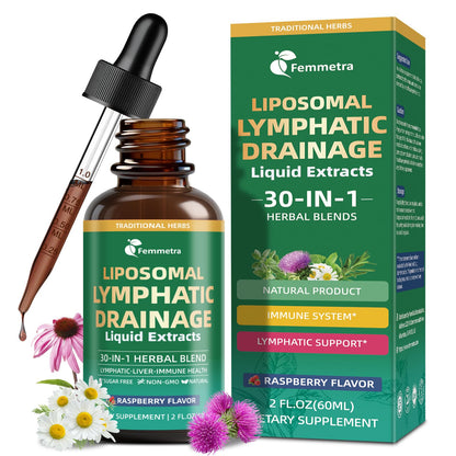 Liposomal Lymphatic Drainage Supplements with 30-in-1 Herbal Blend - Echinacea | Oregano | Milk Thistle - Sugar Free Lymph System Drops - Immune Support, Cleanse & Detox, Raspberry Flavor, 2 fl oz - dailyvitalstore
