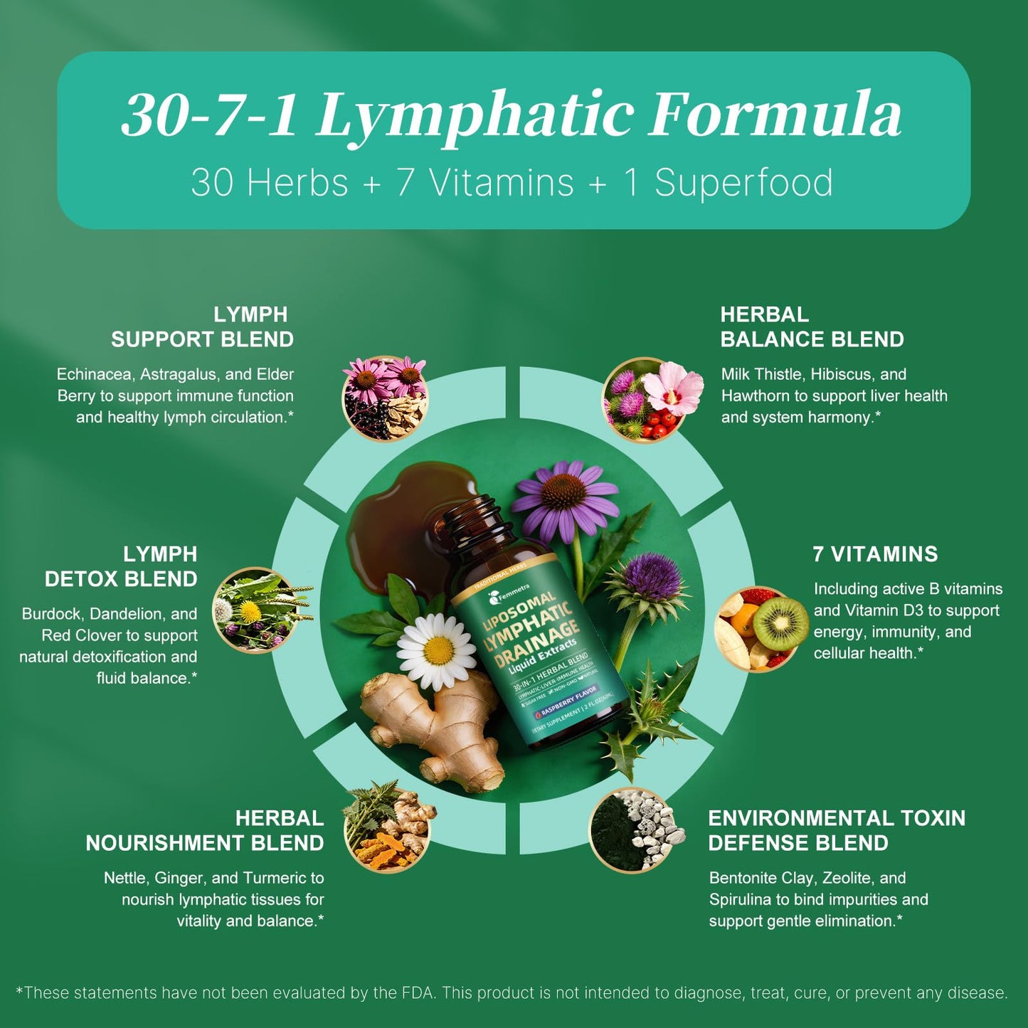 Liposomal Lymphatic Drainage Supplements with 30-in-1 Herbal Blend - Echinacea | Oregano | Milk Thistle - Sugar Free Lymph System Drops - Immune Support, Cleanse & Detox, Raspberry Flavor, 2 fl oz - dailyvitalstore