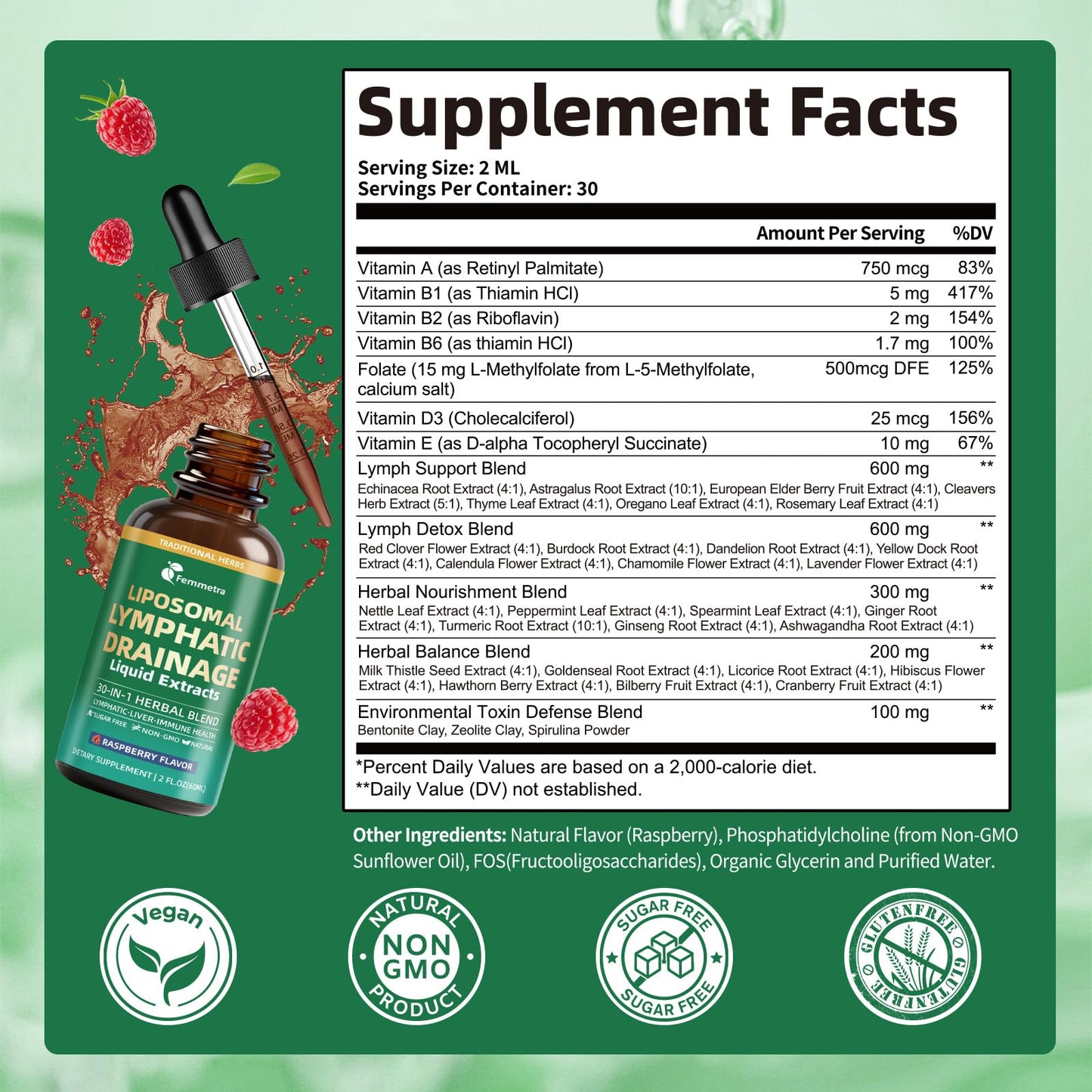 Liposomal Lymphatic Drainage Supplements with 30-in-1 Herbal Blend - Echinacea | Oregano | Milk Thistle - Sugar Free Lymph System Drops - Immune Support, Cleanse & Detox, Raspberry Flavor, 2 fl oz - dailyvitalstore