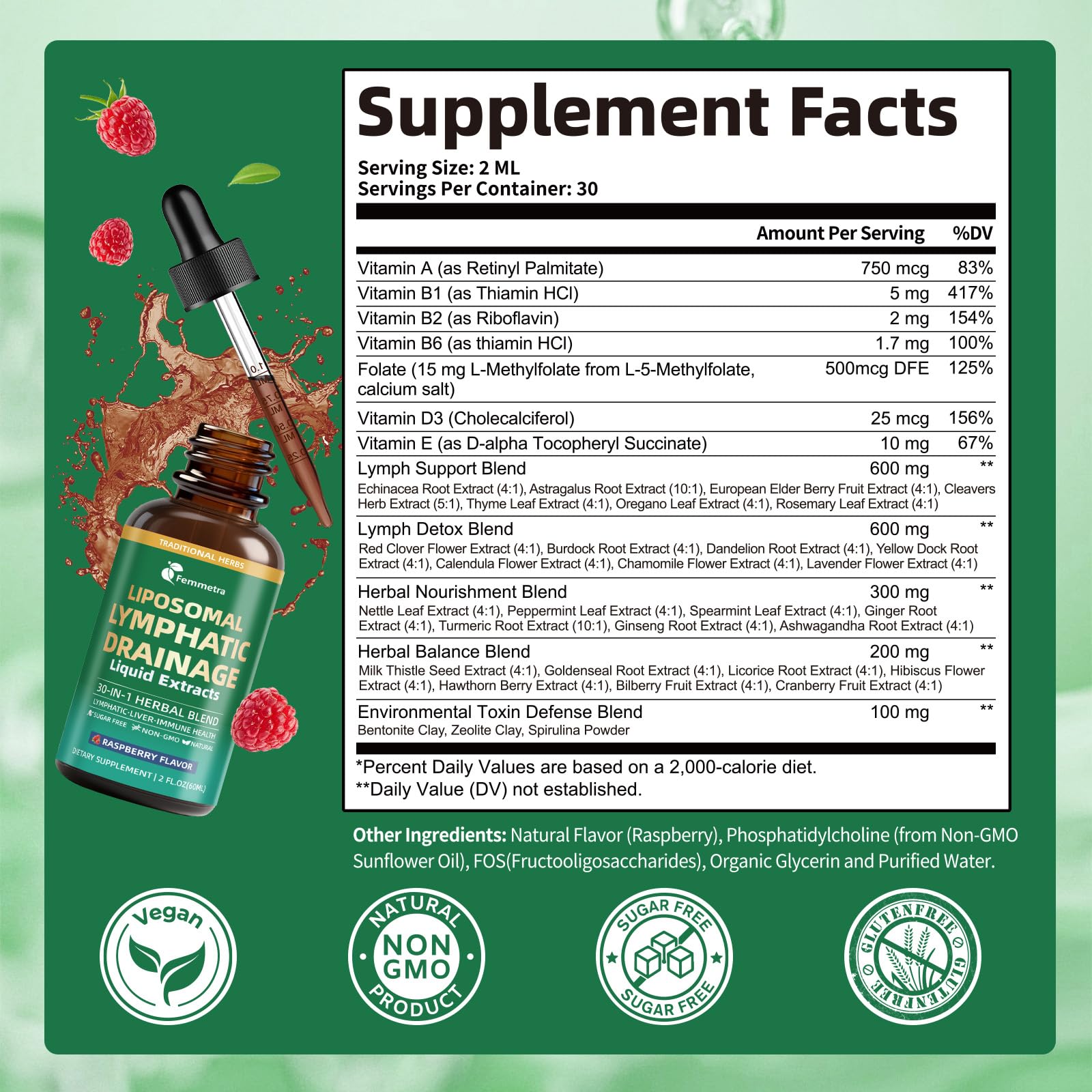 Liposomal Lymphatic Drainage Supplements with 30-in-1 Herbal Blend - Echinacea | Oregano | Milk Thistle - Sugar Free Lymph System Drops - Immune Support, Cleanse & Detox, Raspberry Flavor, 2 fl oz - dailyvitalstore