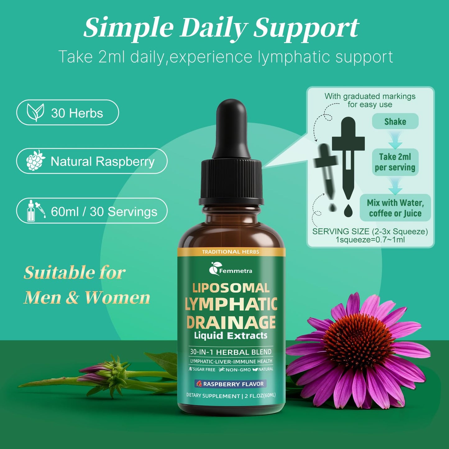 Liposomal Lymphatic Drainage Supplements with 30-in-1 Herbal Blend - Echinacea | Oregano | Milk Thistle - Sugar Free Lymph System Drops - Immune Support, Cleanse & Detox, Raspberry Flavor, 2 fl oz - dailyvitalstore