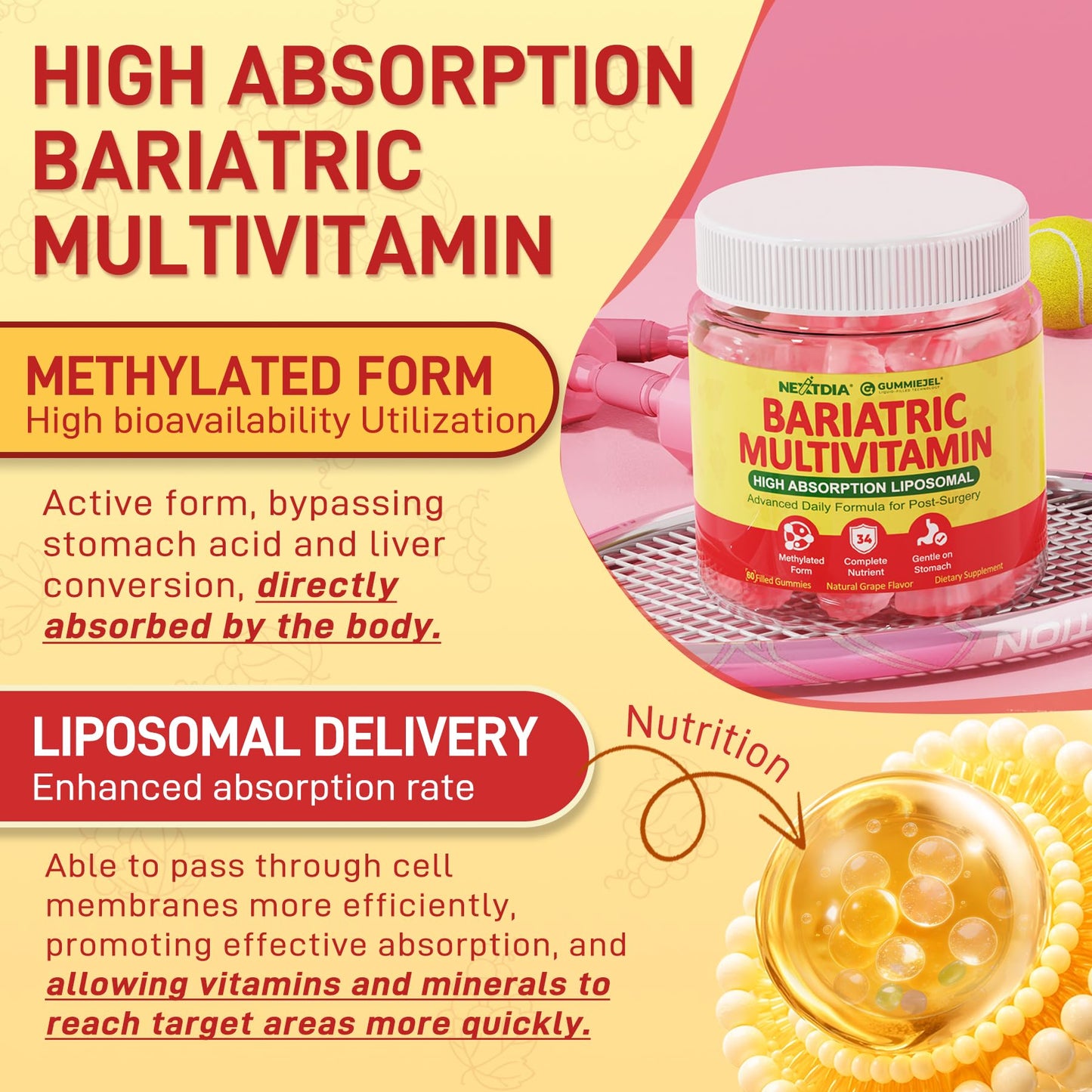 Liposomal Methylated Bariatric Multivitamin Gummies with Iron for Women & Men, High Absorption Multivitamin w/CoQ 10, Probiotic, Digestive Enzymes Support Gastric Bypass & Sleeve Recover, Energy,1Pack - dailyvitalstore