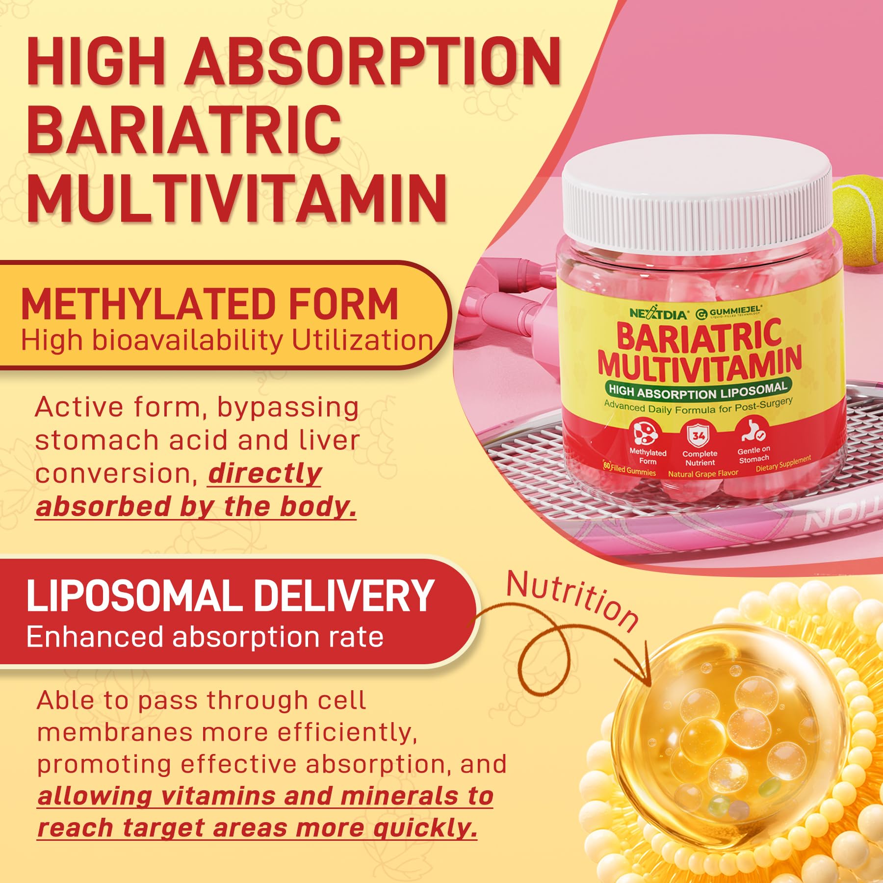 Liposomal Methylated Bariatric Multivitamin Gummies with Iron for Women & Men, High Absorption Multivitamin w/CoQ 10, Probiotic, Digestive Enzymes Support Gastric Bypass & Sleeve Recover, Energy,1Pack - dailyvitalstore