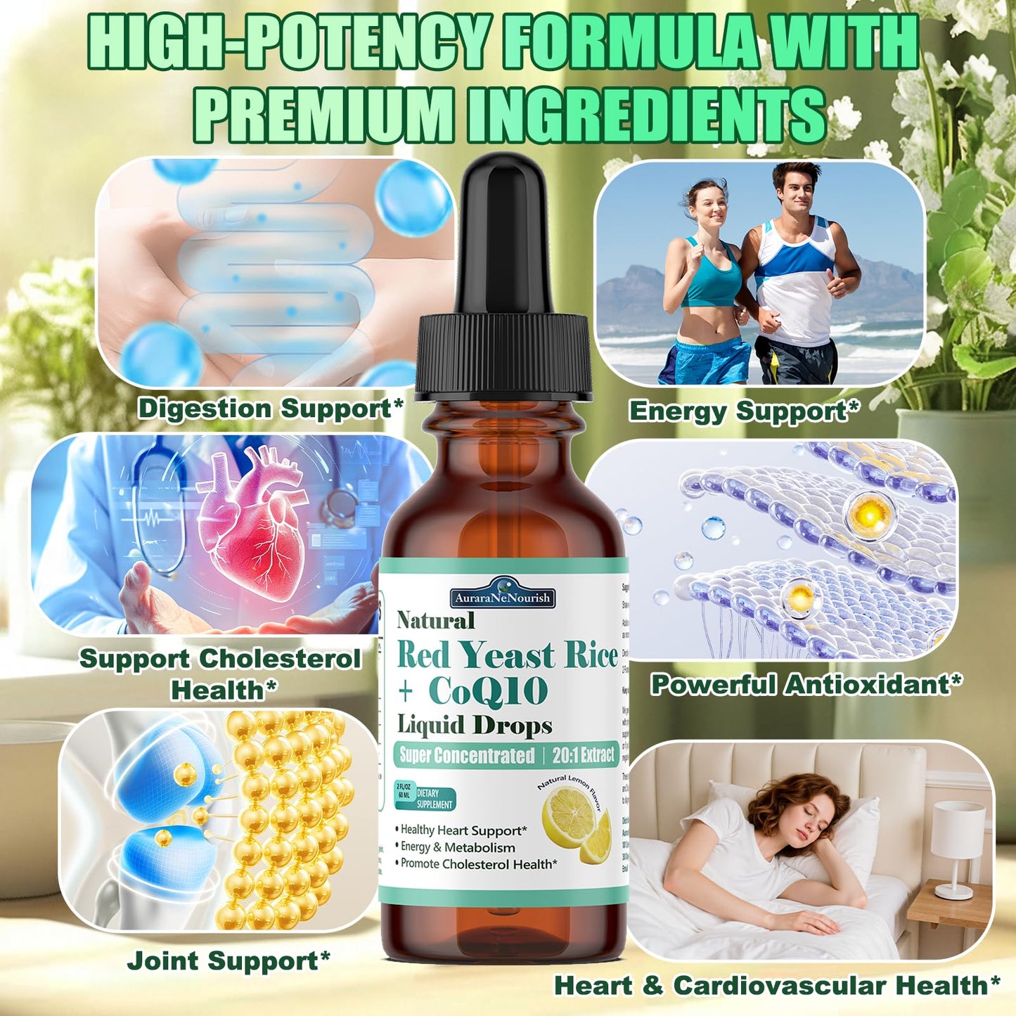 Liposomal Red Yeast Rice with Coq10 Liquid Drops, 5-in-1 Extra Strength 1200mg Cholesterol & Heart Support w. Citrus Bergamot Alpha Lipoic Acid | Cholesterol Lowering Supplement | GMO & Citrinin Free - dailyvitalstore