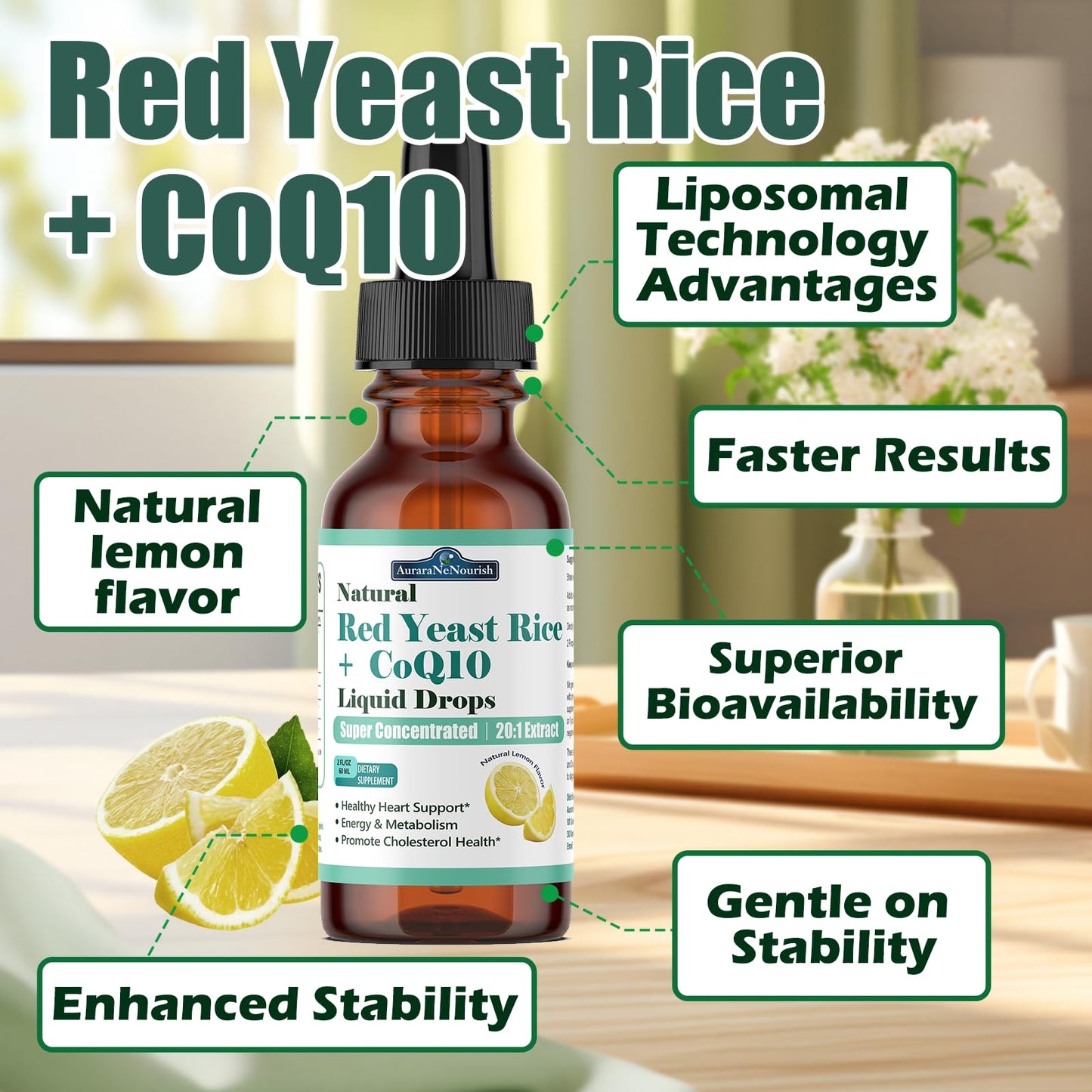 Liposomal Red Yeast Rice with Coq10 Liquid Drops, 5-in-1 Extra Strength 1200mg Cholesterol & Heart Support w. Citrus Bergamot Alpha Lipoic Acid | Cholesterol Lowering Supplement | GMO & Citrinin Free - dailyvitalstore