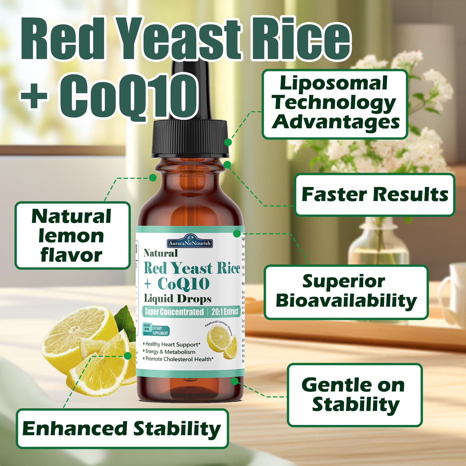 Liposomal Red Yeast Rice with Coq10 Liquid Drops, 5-in-1 Extra Strength 1200mg Cholesterol & Heart Support w. Citrus Bergamot Alpha Lipoic Acid | Cholesterol Lowering Supplement | GMO & Citrinin Free - dailyvitalstore