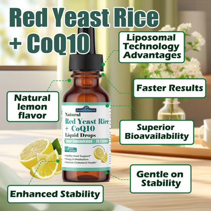 Liposomal Red Yeast Rice with Coq10 Liquid Drops, 5-in-1 Extra Strength 1200mg Cholesterol & Heart Support w. Citrus Bergamot Alpha Lipoic Acid | Cholesterol Lowering Supplement | GMO & Citrinin Free - dailyvitalstore