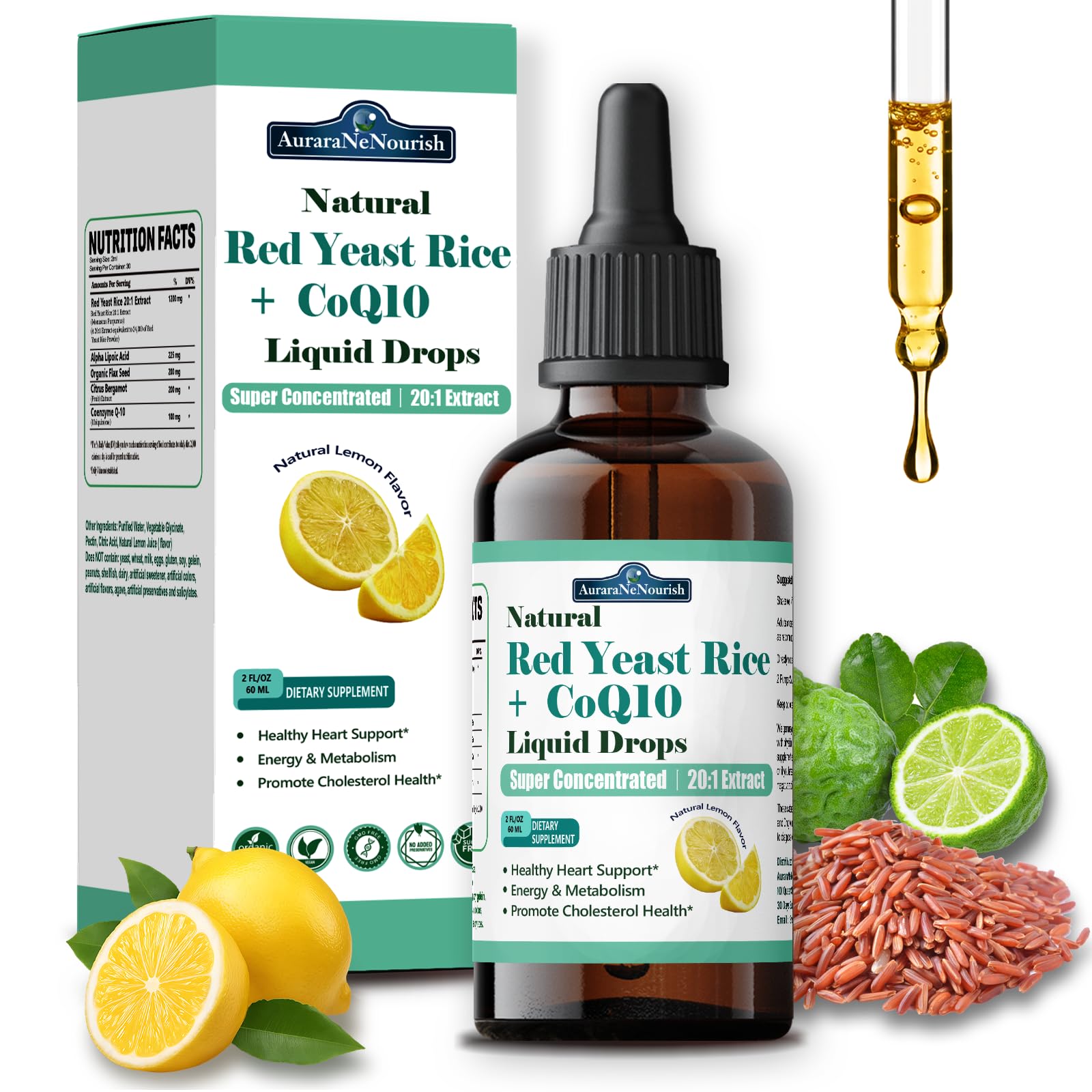 Liposomal Red Yeast Rice with Coq10 Liquid Drops, 5-in-1 Extra Strength 1200mg Cholesterol & Heart Support w. Citrus Bergamot Alpha Lipoic Acid | Cholesterol Lowering Supplement | GMO & Citrinin Free - dailyvitalstore