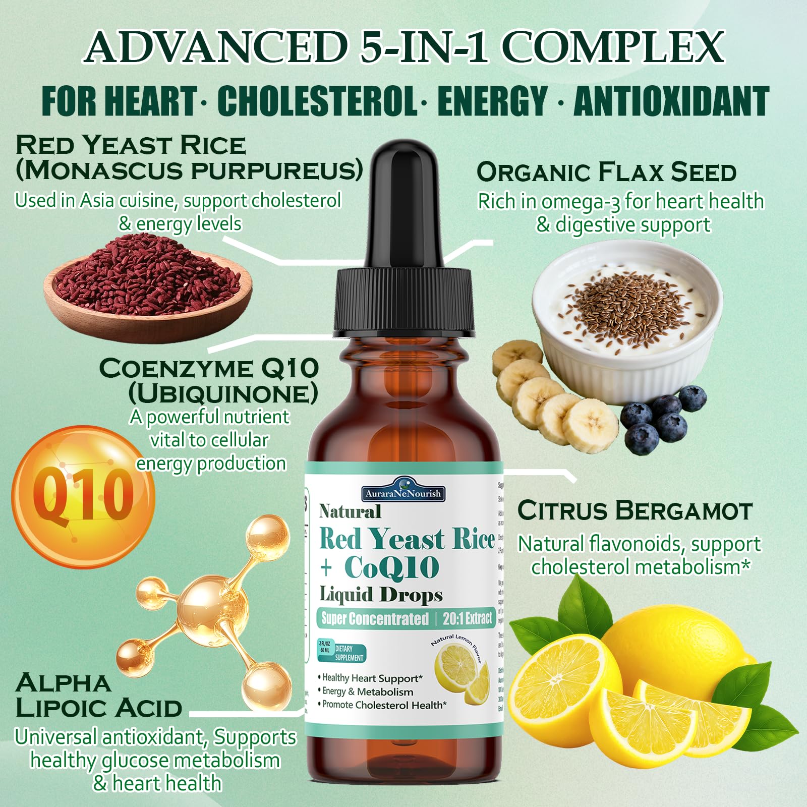 Liposomal Red Yeast Rice with Coq10 Liquid Drops, 5-in-1 Extra Strength 1200mg Cholesterol & Heart Support w. Citrus Bergamot Alpha Lipoic Acid | Cholesterol Lowering Supplement | GMO & Citrinin Free - dailyvitalstore