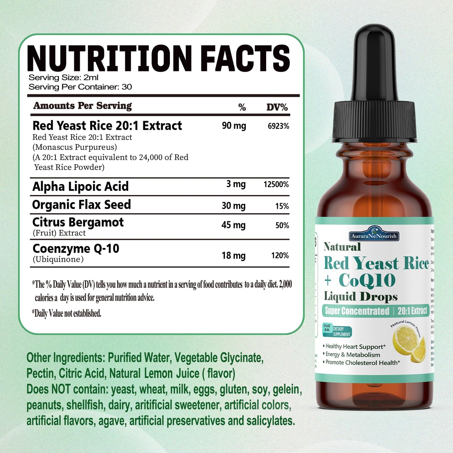 Liposomal Red Yeast Rice with Coq10 Liquid Drops, 5-in-1 Extra Strength 1200mg Cholesterol & Heart Support w. Citrus Bergamot Alpha Lipoic Acid | Cholesterol Lowering Supplement | GMO & Citrinin Free - dailyvitalstore