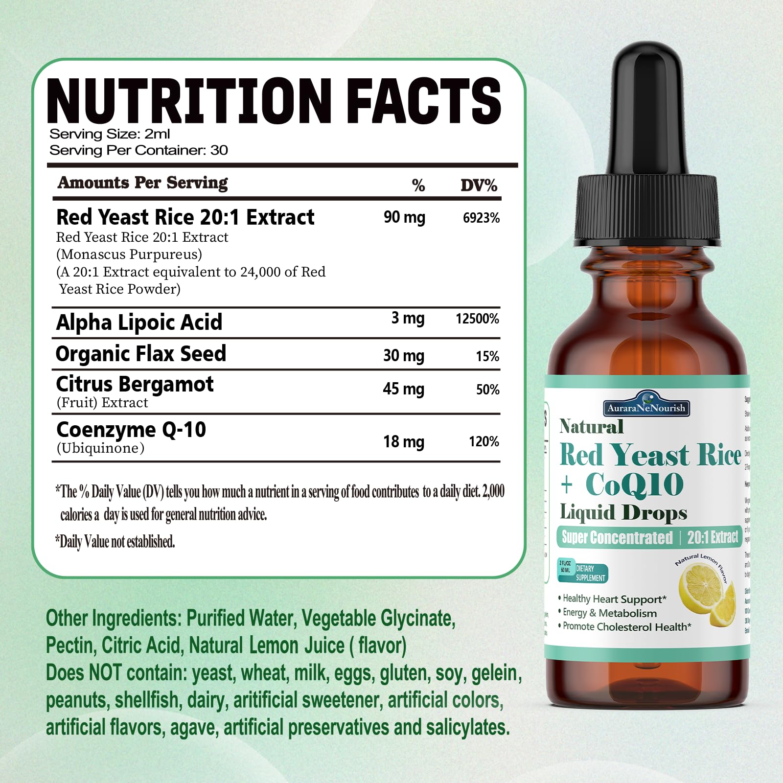 Liposomal Red Yeast Rice with Coq10 Liquid Drops, 5-in-1 Extra Strength 1200mg Cholesterol & Heart Support w. Citrus Bergamot Alpha Lipoic Acid | Cholesterol Lowering Supplement | GMO & Citrinin Free - dailyvitalstore