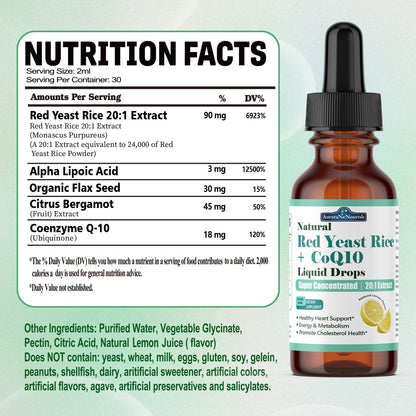 Liposomal Red Yeast Rice with Coq10 Liquid Drops, 5-in-1 Extra Strength 1200mg Cholesterol & Heart Support w. Citrus Bergamot Alpha Lipoic Acid | Cholesterol Lowering Supplement | GMO & Citrinin Free - dailyvitalstore