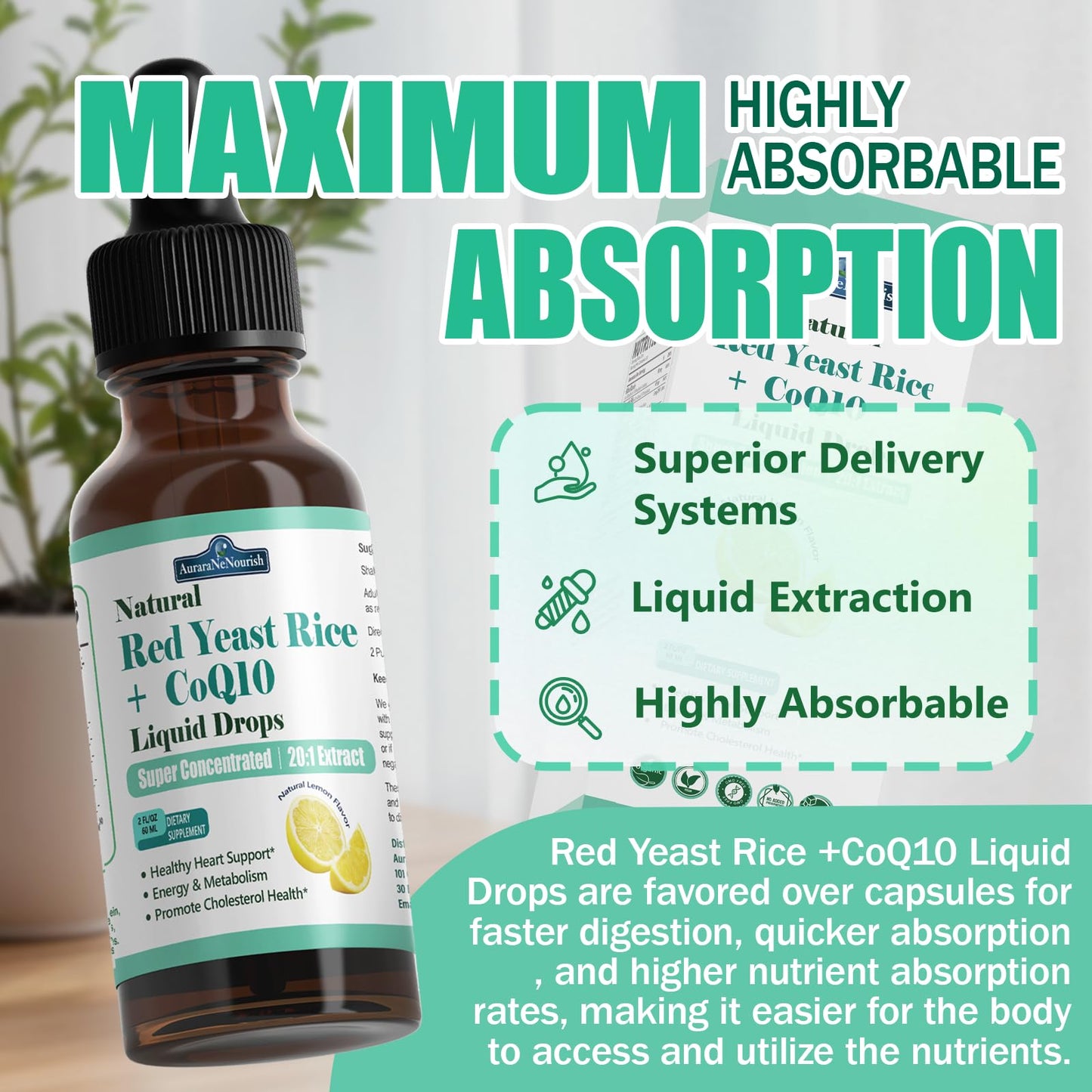 Liposomal Red Yeast Rice with Coq10 Liquid Drops, 5-in-1 Extra Strength 1200mg Cholesterol & Heart Support w. Citrus Bergamot Alpha Lipoic Acid | Cholesterol Lowering Supplement | GMO & Citrinin Free - dailyvitalstore