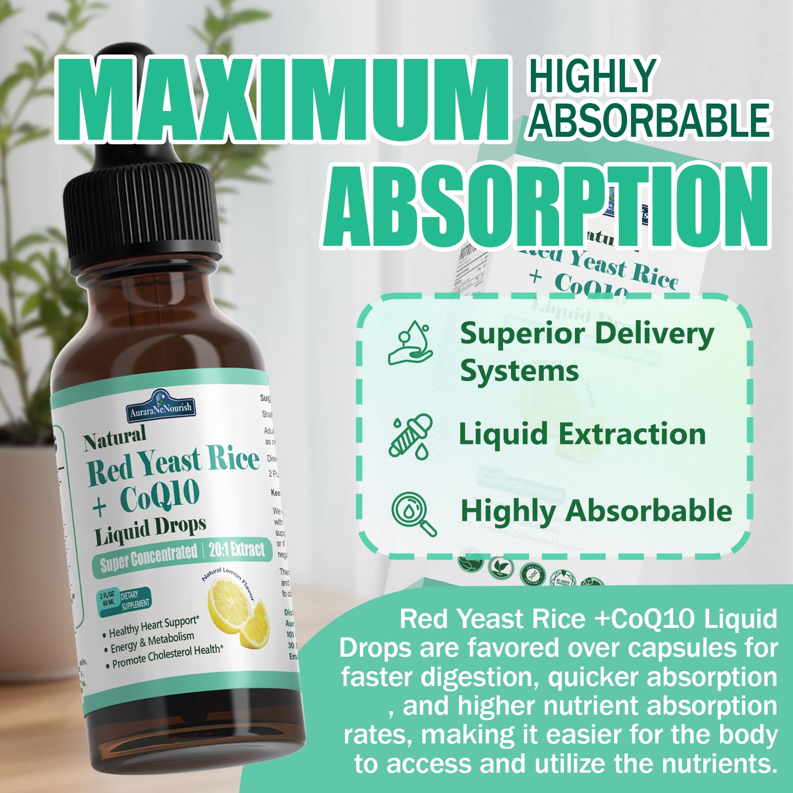 Liposomal Red Yeast Rice with Coq10 Liquid Drops, 5-in-1 Extra Strength 1200mg Cholesterol & Heart Support w. Citrus Bergamot Alpha Lipoic Acid | Cholesterol Lowering Supplement | GMO & Citrinin Free - dailyvitalstore