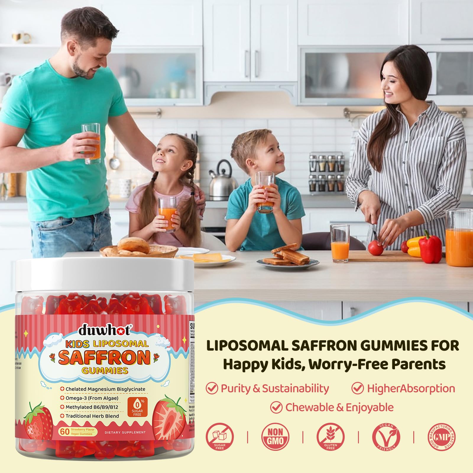 Liposomal Saffron Gummies for Kids 4+, Saffron Supplements w/Holy Basil, Rosemary, Magnesium Glycinate, Omega-3 & More, Brain Focus Support Supplement, Vegan, Organic, Sugar Free, 60 Chewables - dailyvitalstore
