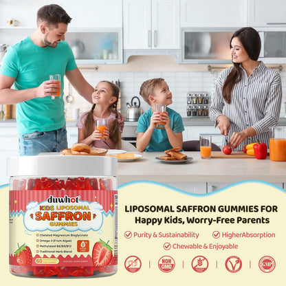Liposomal Saffron Gummies for Kids 4+, Saffron Supplements w/Holy Basil, Rosemary, Magnesium Glycinate, Omega-3 & More, Brain Focus Support Supplement, Vegan, Organic, Sugar Free, 60 Chewables - dailyvitalstore
