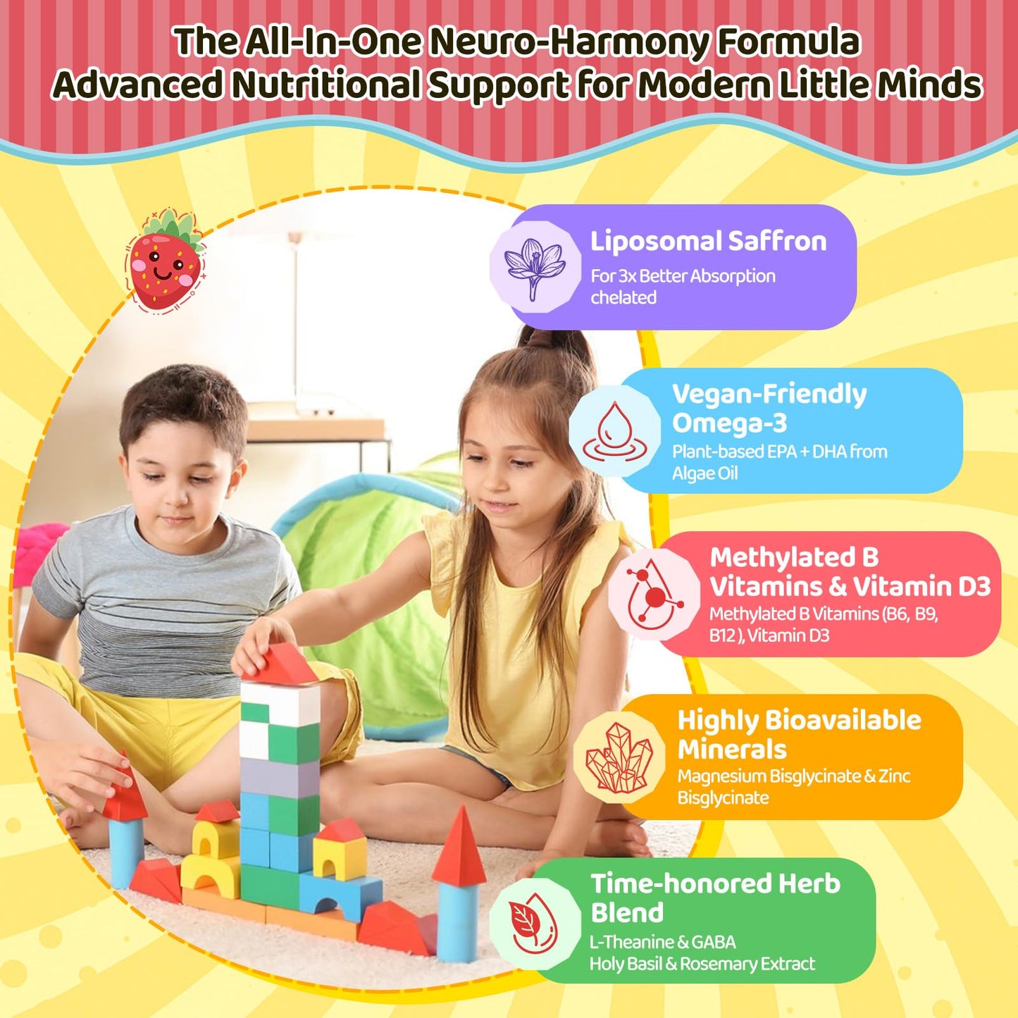 Liposomal Saffron Gummies for Kids 4+, Saffron Supplements w/Holy Basil, Rosemary, Magnesium Glycinate, Omega-3 & More, Brain Focus Support Supplement, Vegan, Organic, Sugar Free, 60 Chewables - dailyvitalstore