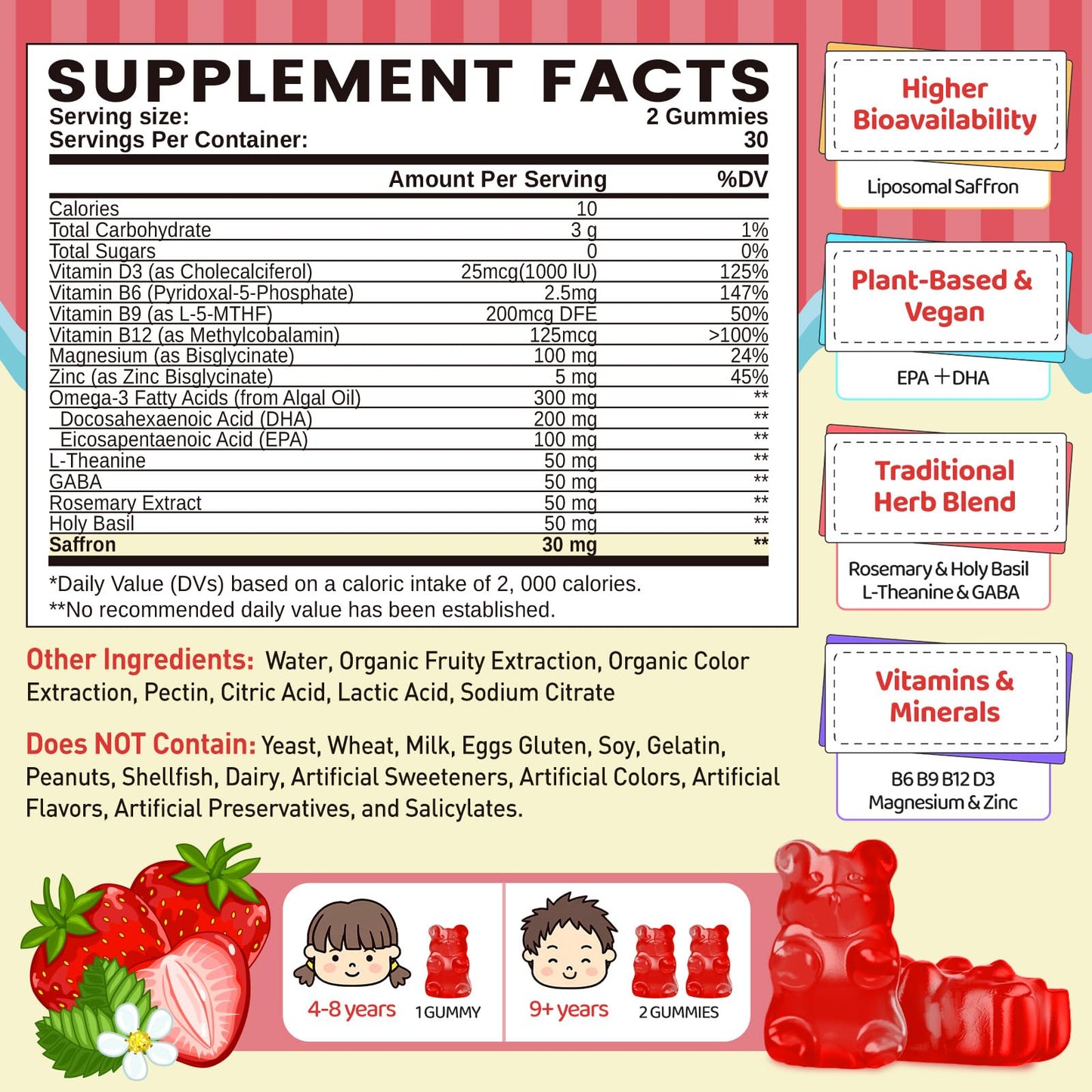 Liposomal Saffron Gummies for Kids 4+, Saffron Supplements w/Holy Basil, Rosemary, Magnesium Glycinate, Omega-3 & More, Brain Focus Support Supplement, Vegan, Organic, Sugar Free, 60 Chewables - dailyvitalstore