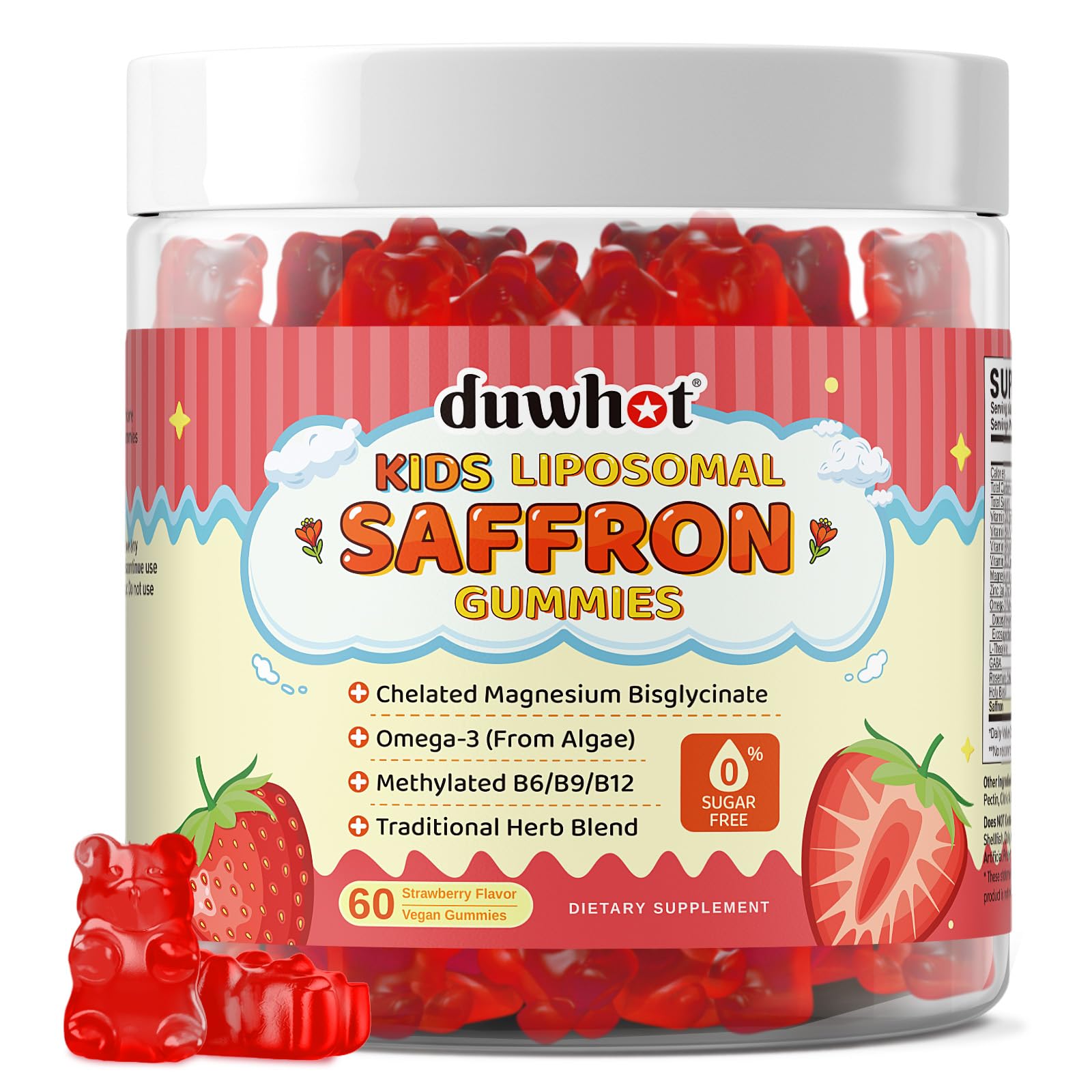 Liposomal Saffron Gummies for Kids 4+, Saffron Supplements w/Holy Basil, Rosemary, Magnesium Glycinate, Omega-3 & More, Brain Focus Support Supplement, Vegan, Organic, Sugar Free, 60 Chewables - dailyvitalstore