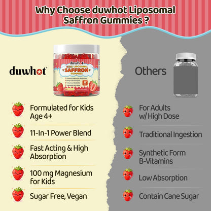 Liposomal Saffron Gummies for Kids 4+, Saffron Supplements w/Holy Basil, Rosemary, Magnesium Glycinate, Omega-3 & More, Brain Focus Support Supplement, Vegan, Organic, Sugar Free, 60 Chewables - dailyvitalstore