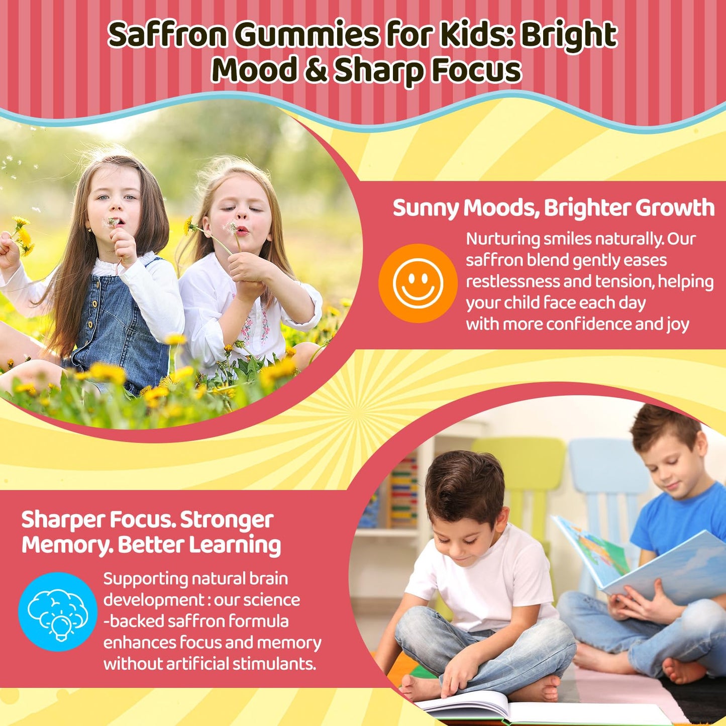 Liposomal Saffron Gummies for Kids 4+, Saffron Supplements w/Holy Basil, Rosemary, Magnesium Glycinate, Omega-3 & More, Brain Focus Support Supplement, Vegan, Organic, Sugar Free, 60 Chewables - dailyvitalstore