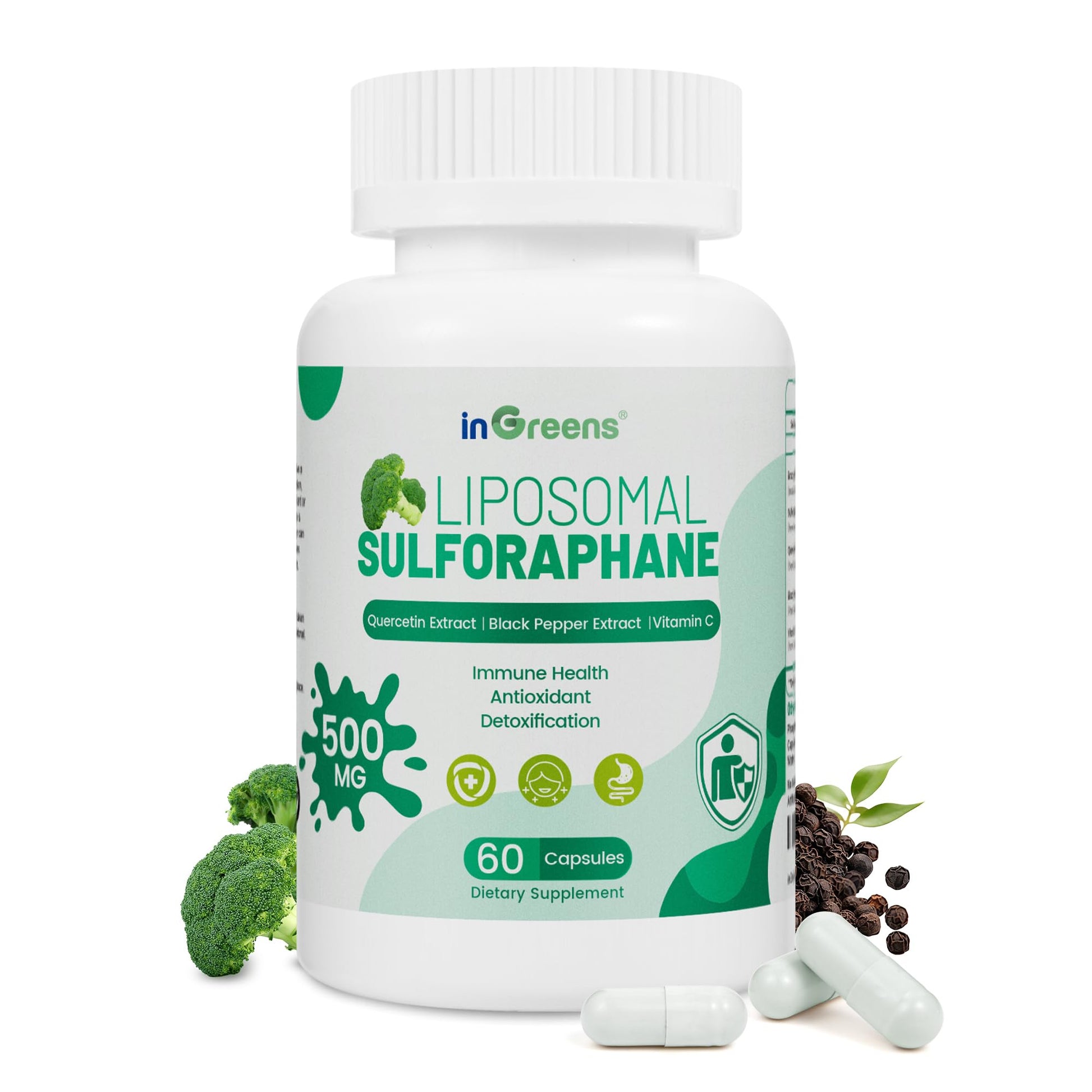 Liposomal Sulforaphane 500mg Supplement from Broccoli Extract with Quercetin, Black Pepper & Vitamin C – Antioxidant, Detox & Cellular Support, Cellular Health Formula for Men & Women, 60 Capsules - dailyvitalstore