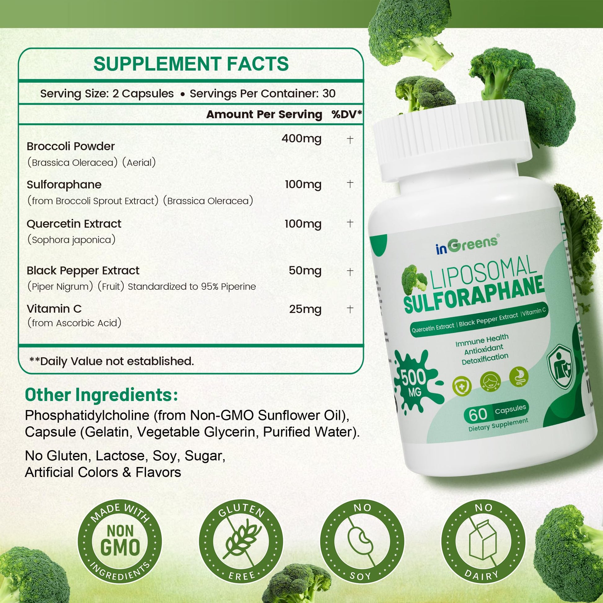 Liposomal Sulforaphane 500mg Supplement from Broccoli Extract with Quercetin, Black Pepper & Vitamin C – Antioxidant, Detox & Cellular Support, Cellular Health Formula for Men & Women, 60 Capsules - dailyvitalstore