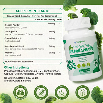 Liposomal Sulforaphane 500mg Supplement from Broccoli Extract with Quercetin, Black Pepper & Vitamin C – Antioxidant, Detox & Cellular Support, Cellular Health Formula for Men & Women, 60 Capsules - dailyvitalstore