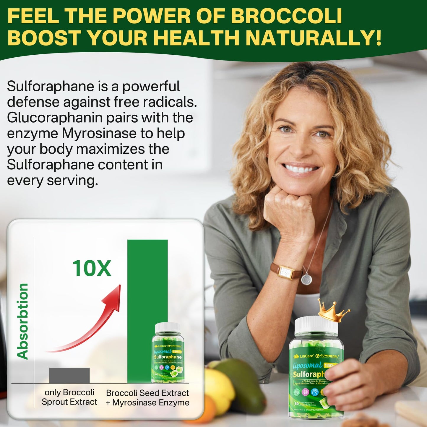 Liposomal Sulforaphane Supplement 150mg, from Broccoli Seed Extract w/Myrosinase, Quercetin, Glutathione, Sulforaphane Supplement Gummies for Antioxidants Detox Cellular Brain Health, Chewable 60Cts - dailyvitalstore